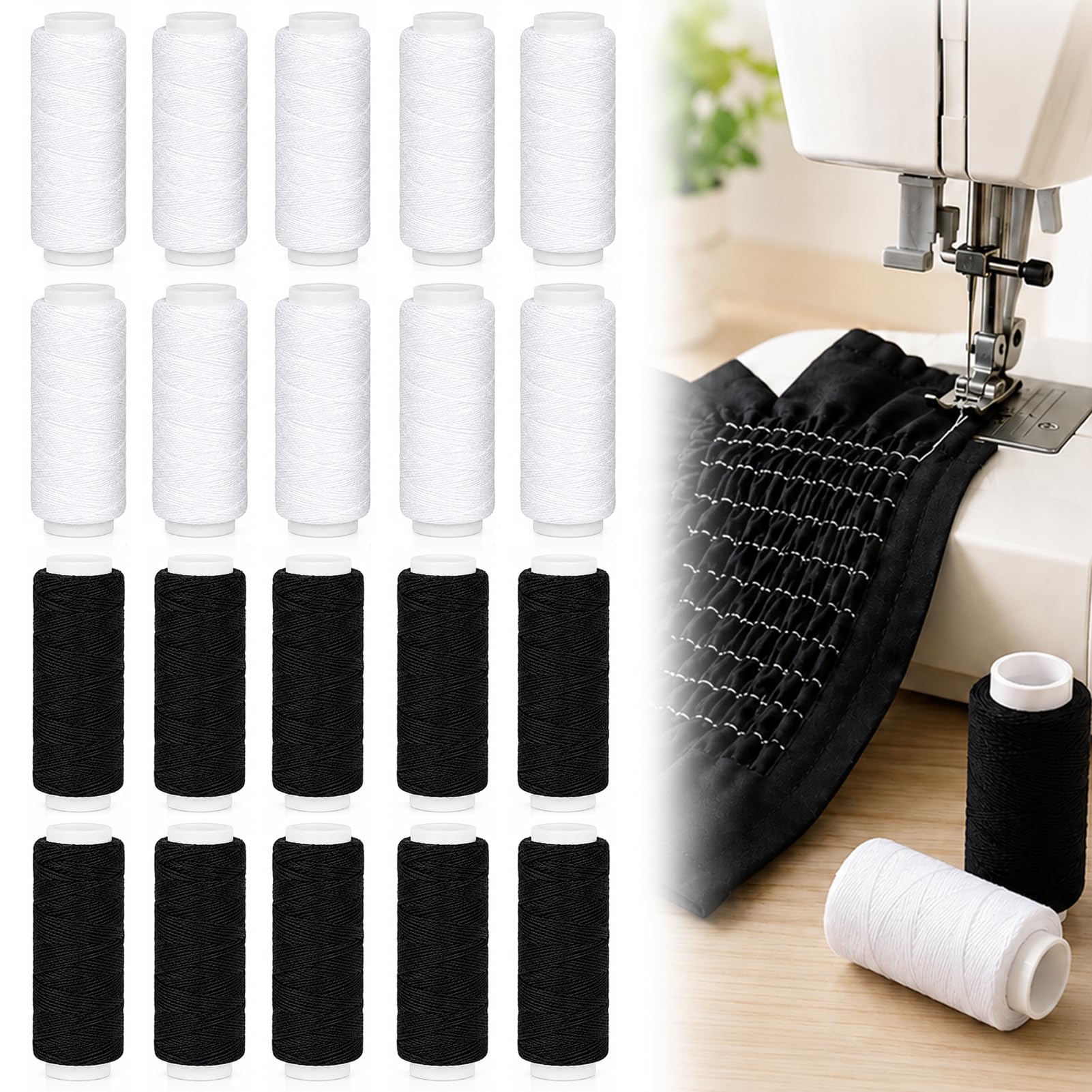 20 PCS Elastic Thread, Black and White Cotton Sewing Thread, Strong Stretch Polyester Sewing Thread for Hand and Machine Sewing, Ideal for Upholstery, Clothing, Repairs