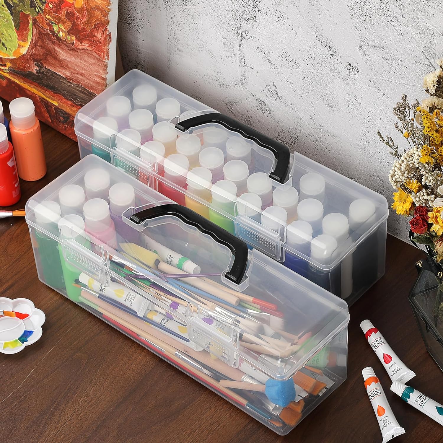 2 PCS Clear Acrylic Paint Storage Box with Handle, Portable Craft Paint Storage Organizer, Plastic Craft Art Supply Box, 30 Bottle Capacity Clear Organizer for 2 fl. oz Apple Barrel Paints