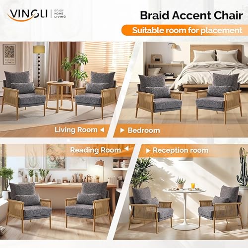 Miniatura 8 de VINGLI Juego de 2 sillones bohemios trenzados, diseño moderno de mediados de siglo con reposabrazos de madera maciza, cómodas sillas acolchadas con