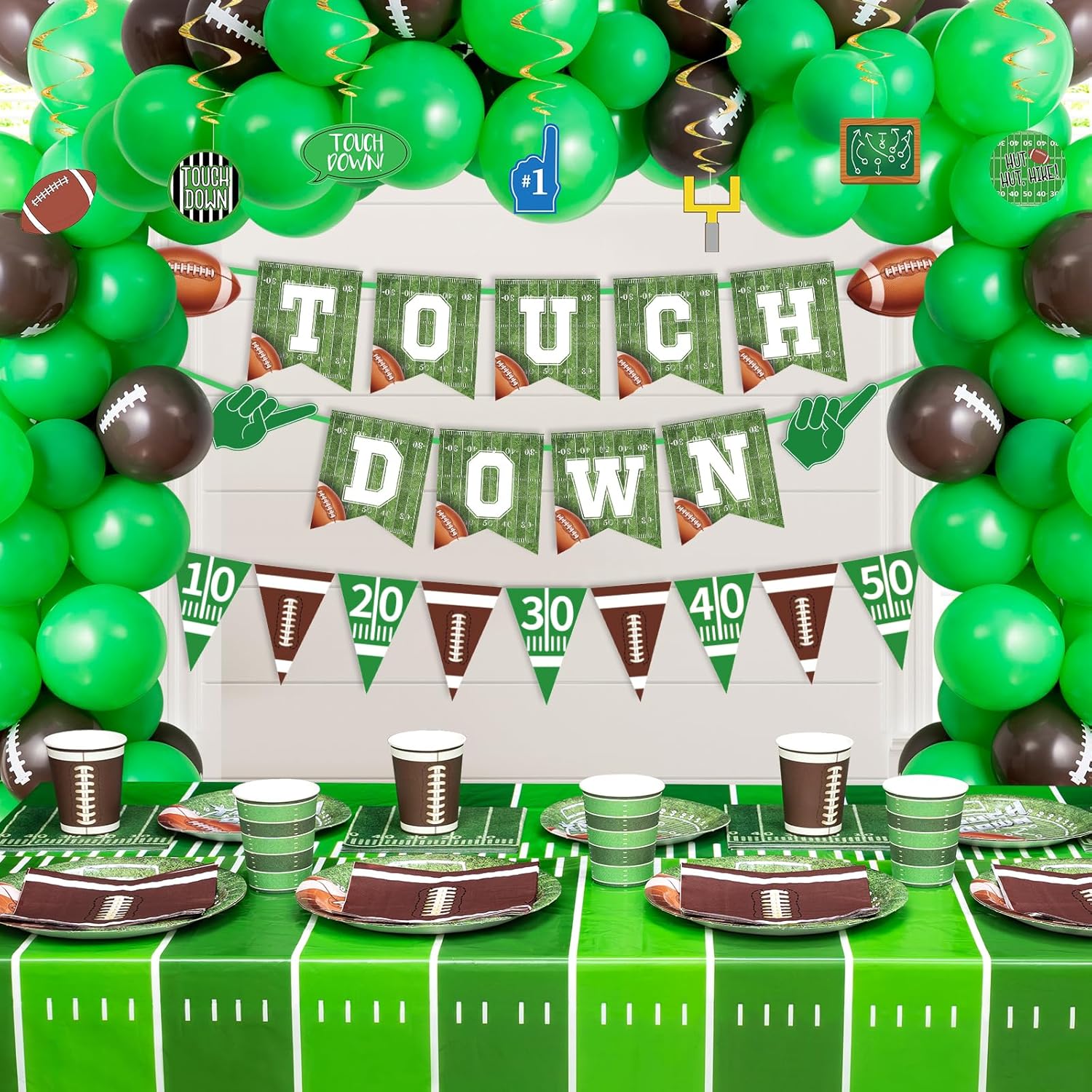 Football Party Decorations - 100 Pcs Party Supplies Serve 24, Touch Down Banner, Plates, Tablecloth, Cup and Napkins for Birthday, Game Day and Tailgate Party - Image 7