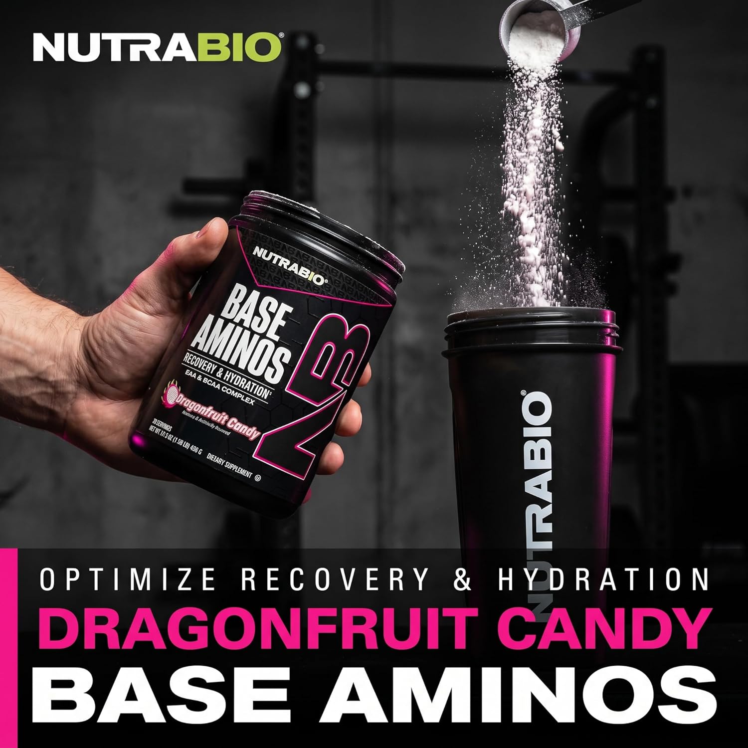 NutraBio Base Aminos EAA + BCAA Powder –10g Essential Amino Acids Supplement, 6g 2:1:1 BCAAs, 2.8g Hydration Matrix with Electrolytes & Absorption Enhancer AstraGin® – 30 Servings- Dragon Fruit Candy