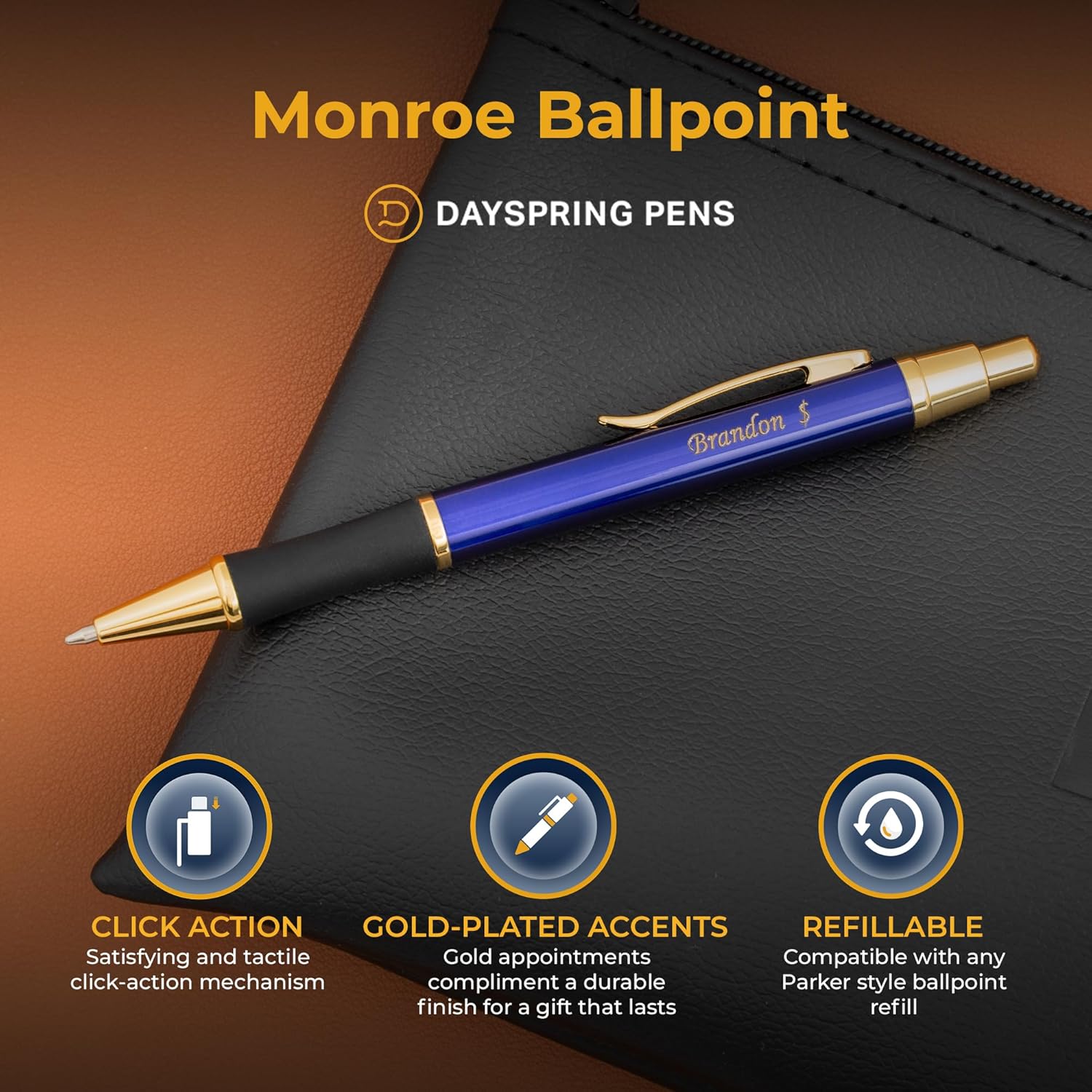 Dayspring Pens Monroe Blue Engraved Ballpoint Pen, Blue Lacquer with 18k Gold Trim, Personalized Gift for Graduation, Birthdays, Career Advancement, Nurse Appreciation, Gift Box Included
