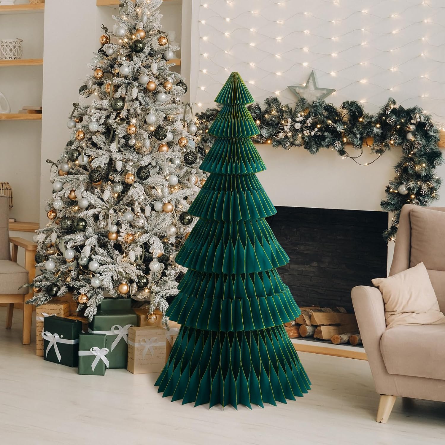 1 Pc 47'' Dark Green Christmas Tree Honeycomb Centerpiece 3D Glitter Edge Paper Honeycomb Tree Rustic Reusable Decor for Home Decorations Holiday Fireplace Desktop Floor