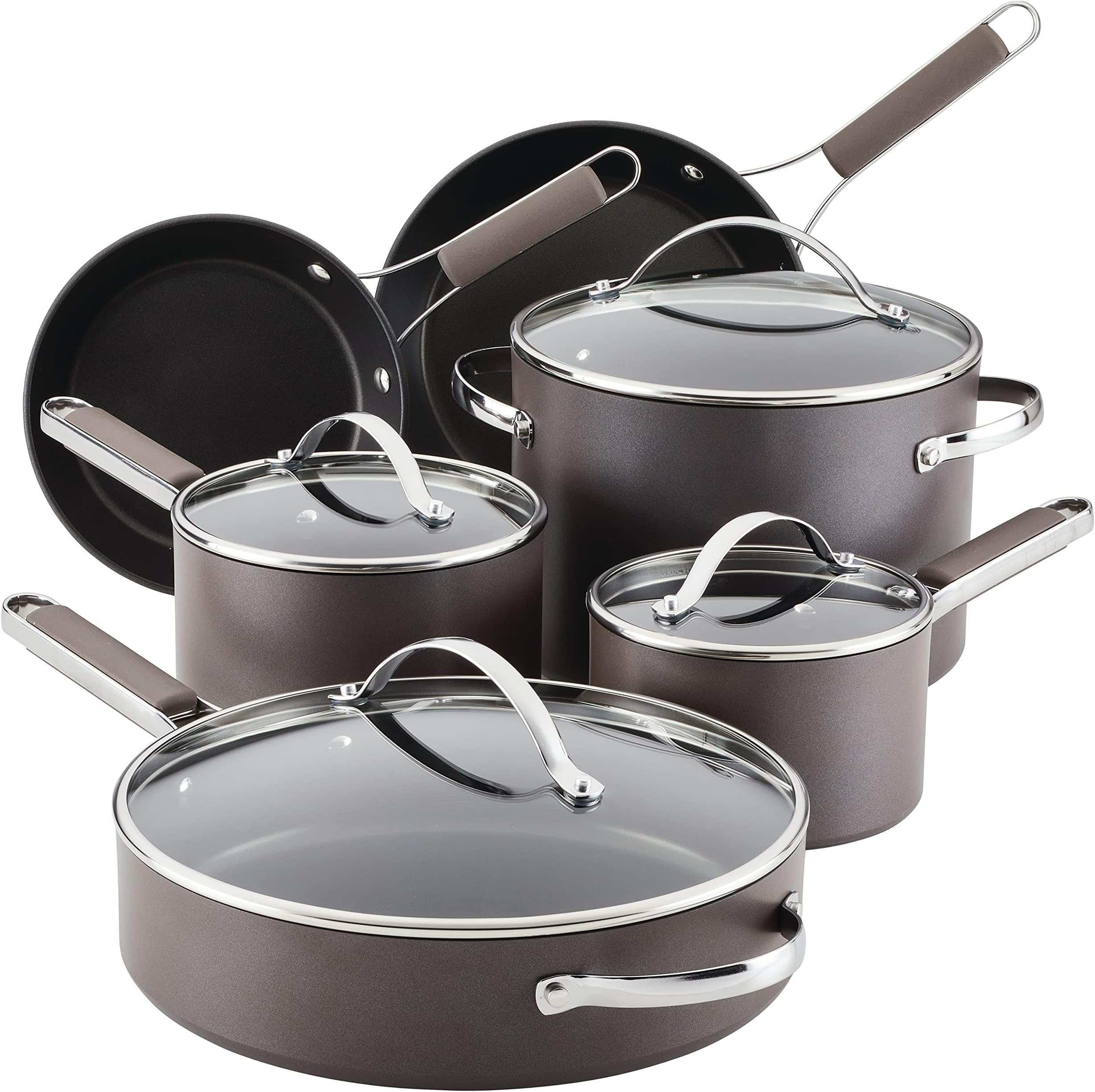 AyeshaCurry Kitchenware Professional Hard Anodized Nonstick Cookware Pots and Pans Set, 10 Piece, Charcoal