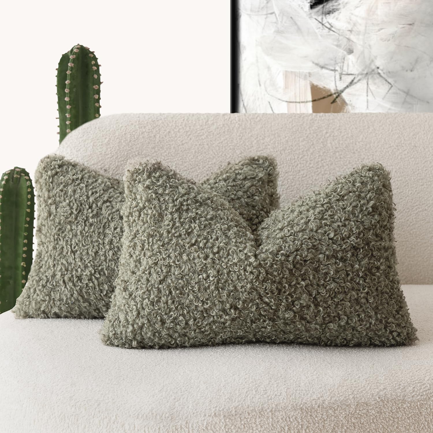 Foindtower Set of 2 Curly Teddy Wool Pillow Covers Decorative Boucle Textured Lumbar Throw Pillow Faux Fur Pillowcases Sheepskin Cushion Case for Sofa