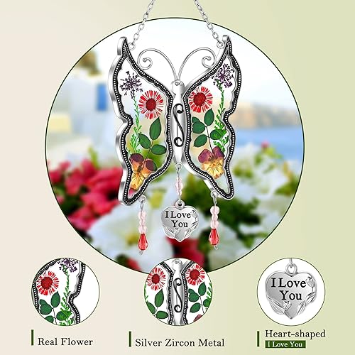 Miniatura 2 de KY&BOSAM - Adorno consistente en cristales atrapaluz con forma de mamá mariposa, carillón de viento con forma de mariposa con alas con flores