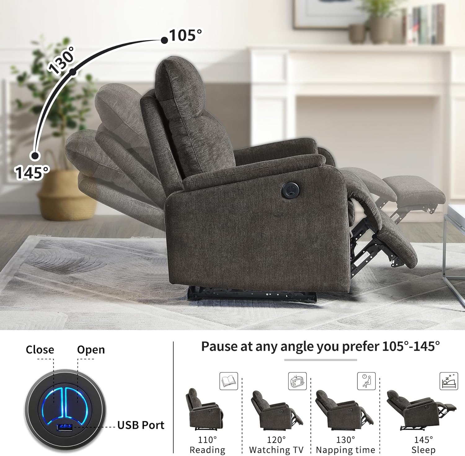 Power Recliner Chair for Living Room, Electric Compact Fabric Single Sofa Chair with USB Port, Armrest Button Control, Antiskid Fabric