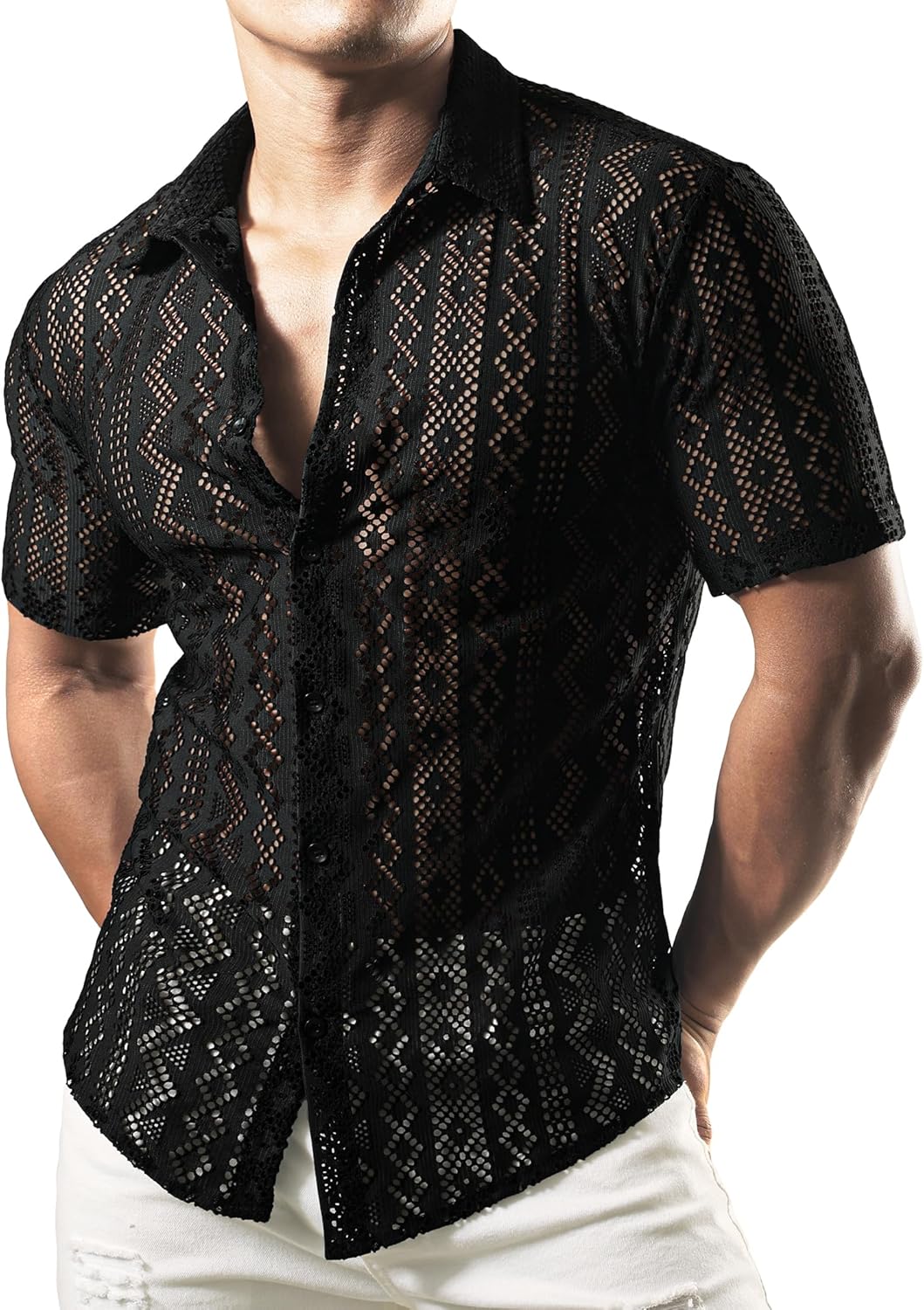 JOGAL Mens Floral Lace Shirt See Through Casual Button Down Shirts - Image 5