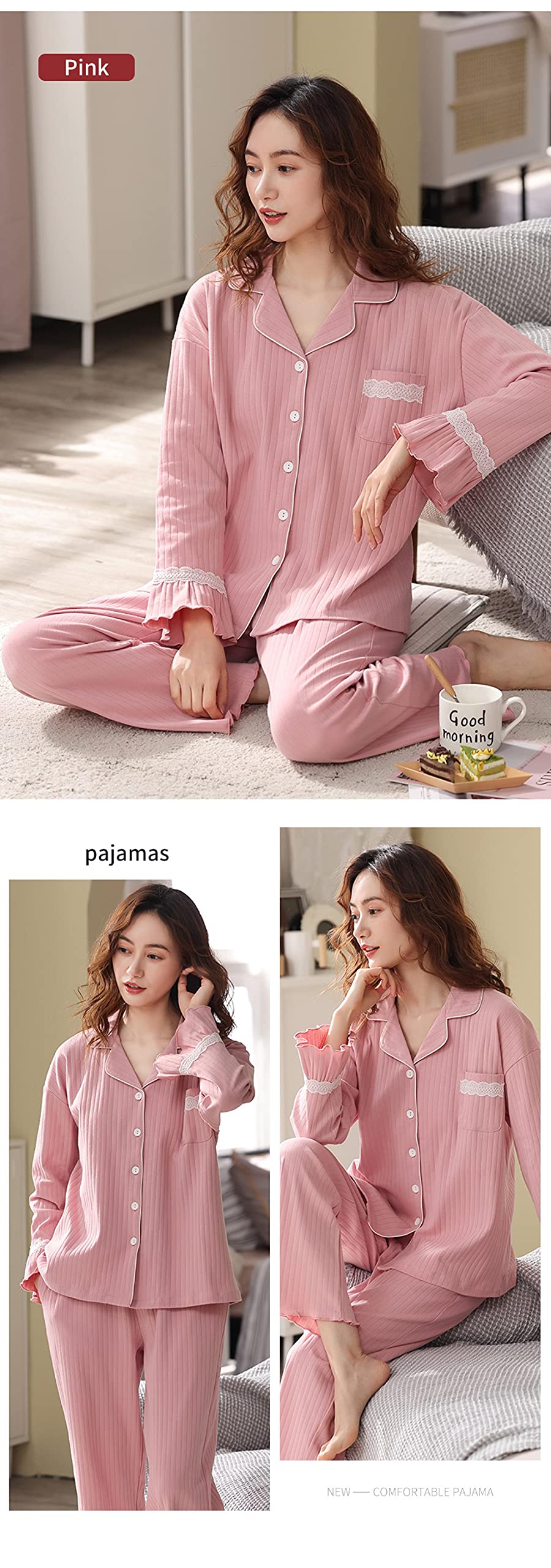 Un Pijama Cómodo Pijamas De Mujer Pijamas De Mujer Pijamas De Mujer Conjuntos De Pijamas De Algodón 100% 2 Piezas Pijamas Ropa De Dormir Femenina para El Hogar Casual,White-XXL