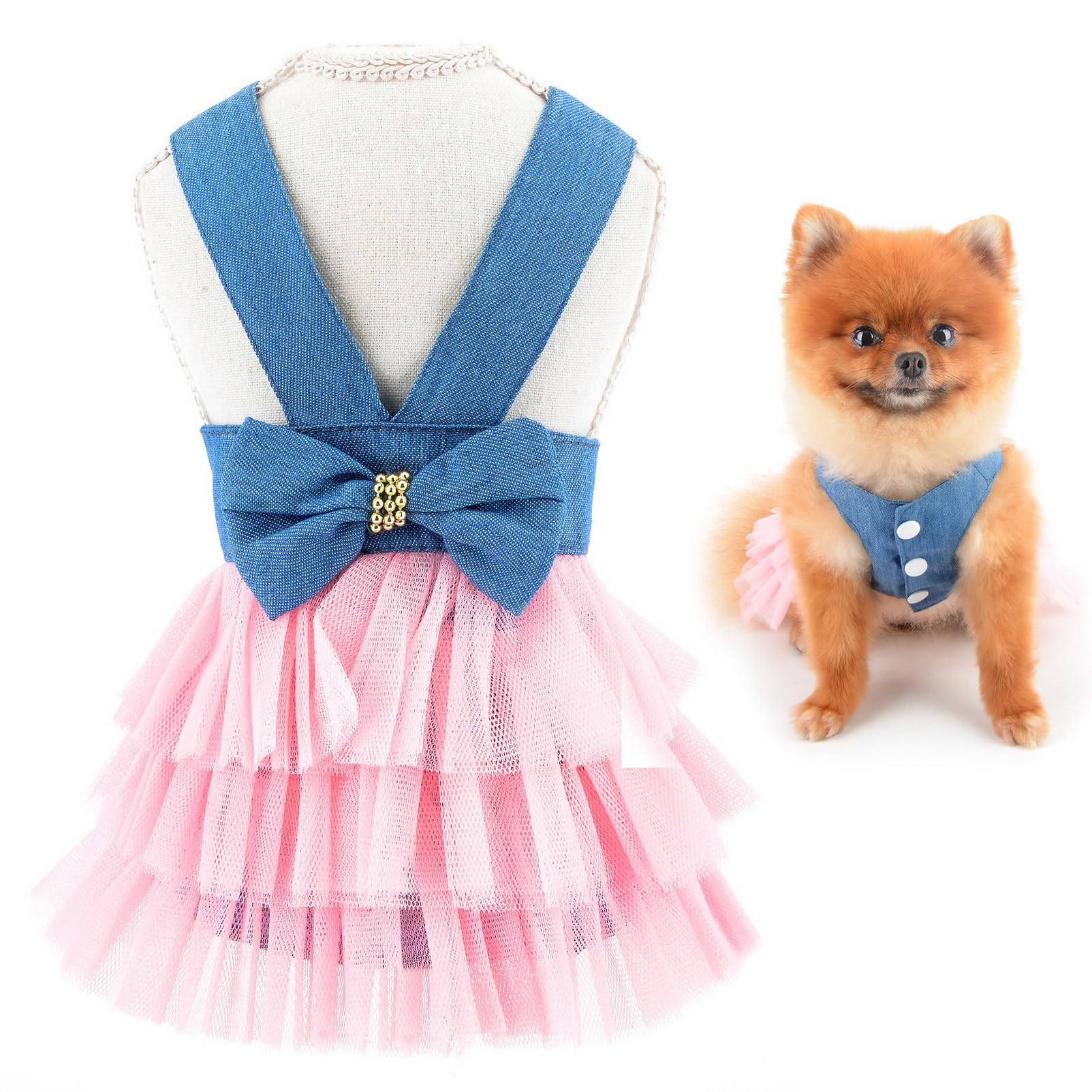 SMALLLEE_LUCKY_STORE Cute Pet Striped Princess Dress for Small Dog Cat Girls Puppy Tulle Tutu Skirt Yorkie Chihuahua Summer Party Clothes,Denim/Pink,S