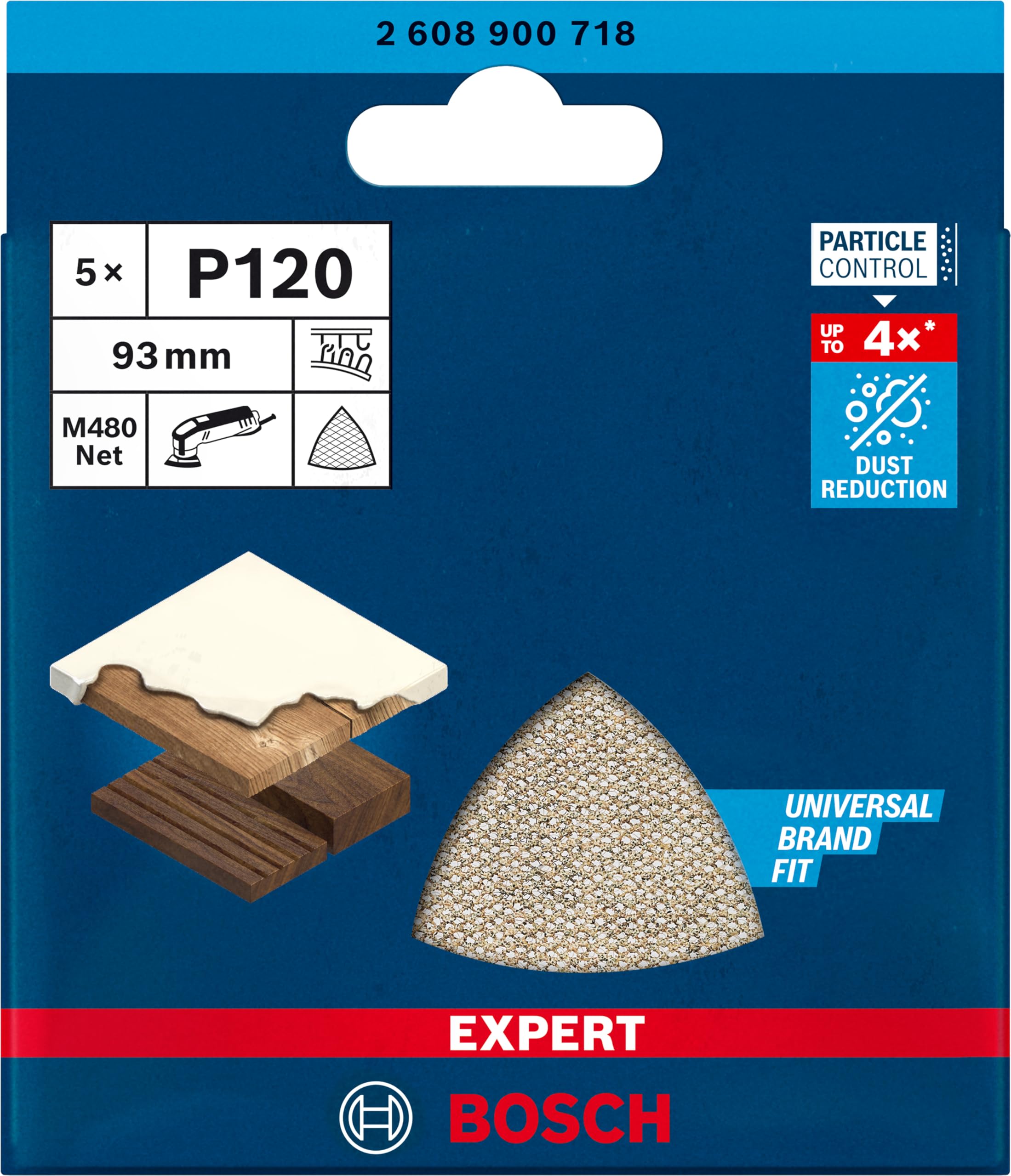 Bosch 5x Siatki ścierne EXPERT M480 (do Farba na drewnie, Twarde drewno, Ø 93x93 mm, Ziarnistość 120, Professional Akcesoria Szlifierka delta)