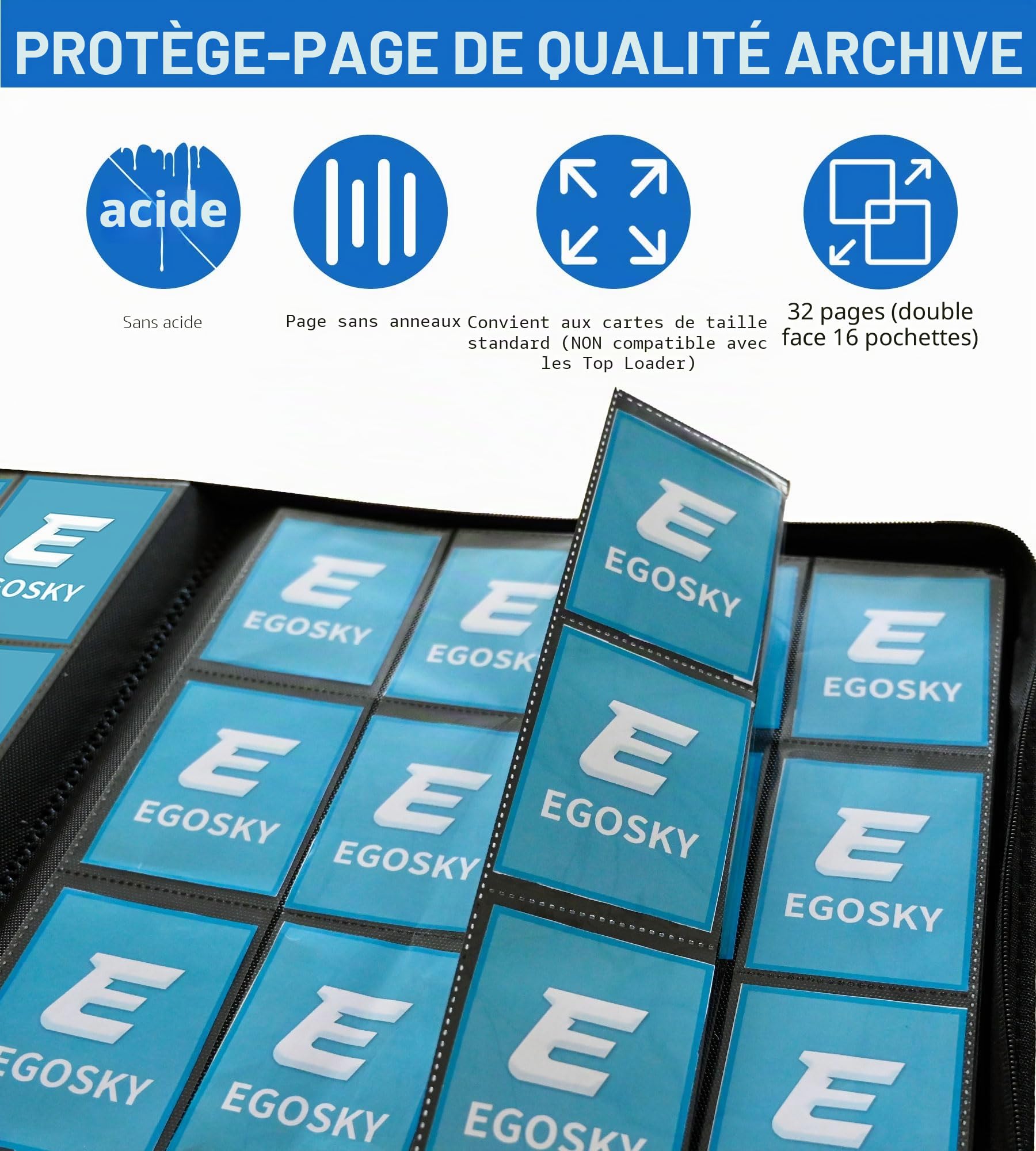 EGOSKY Album de cartes à collectionner 16 compartiments, classeur plus de 1000 cartes, grands album de collection fermé par éclair