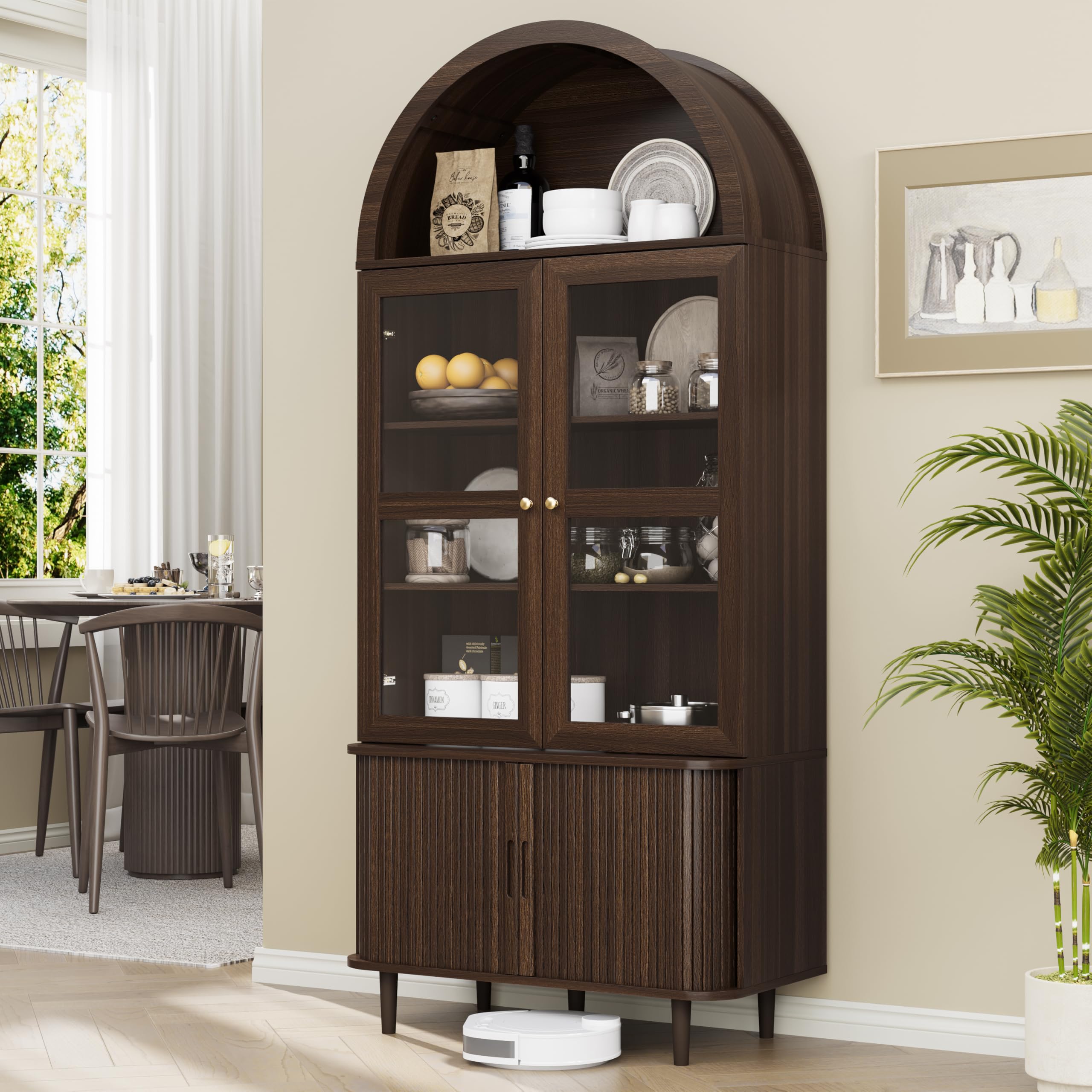 DHH 71" Tall Arched Kitchen Pantry, Modern Farmhouse Wood Kitchens Storage Cabinets with Sliding Doors＆ Adjustable Shelves, Versatile Cupboard for Kitchen, Living Dining Room, Bathroom (Dark Walnut)