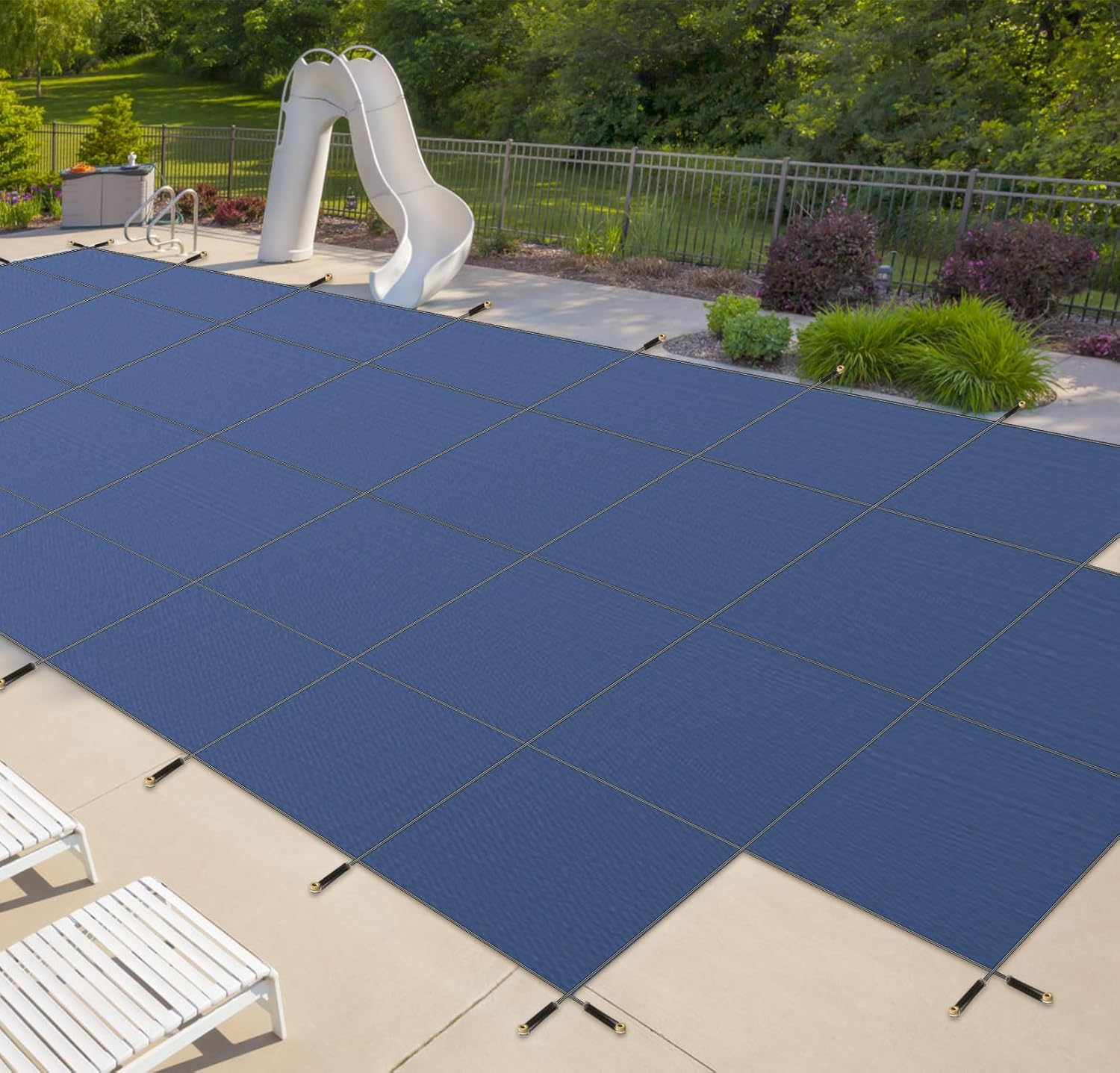 iCOVER Inground Pool Safety Cover, Fits 16x32ft Rectangular Pools with 4x8ft Center End Step, Winter Pool Covers for Inground Pools, Safety Pool Covers, Triple Stitched High Strength, Blue Fit 16x32ft Rectangular Pools with Center Step Blue