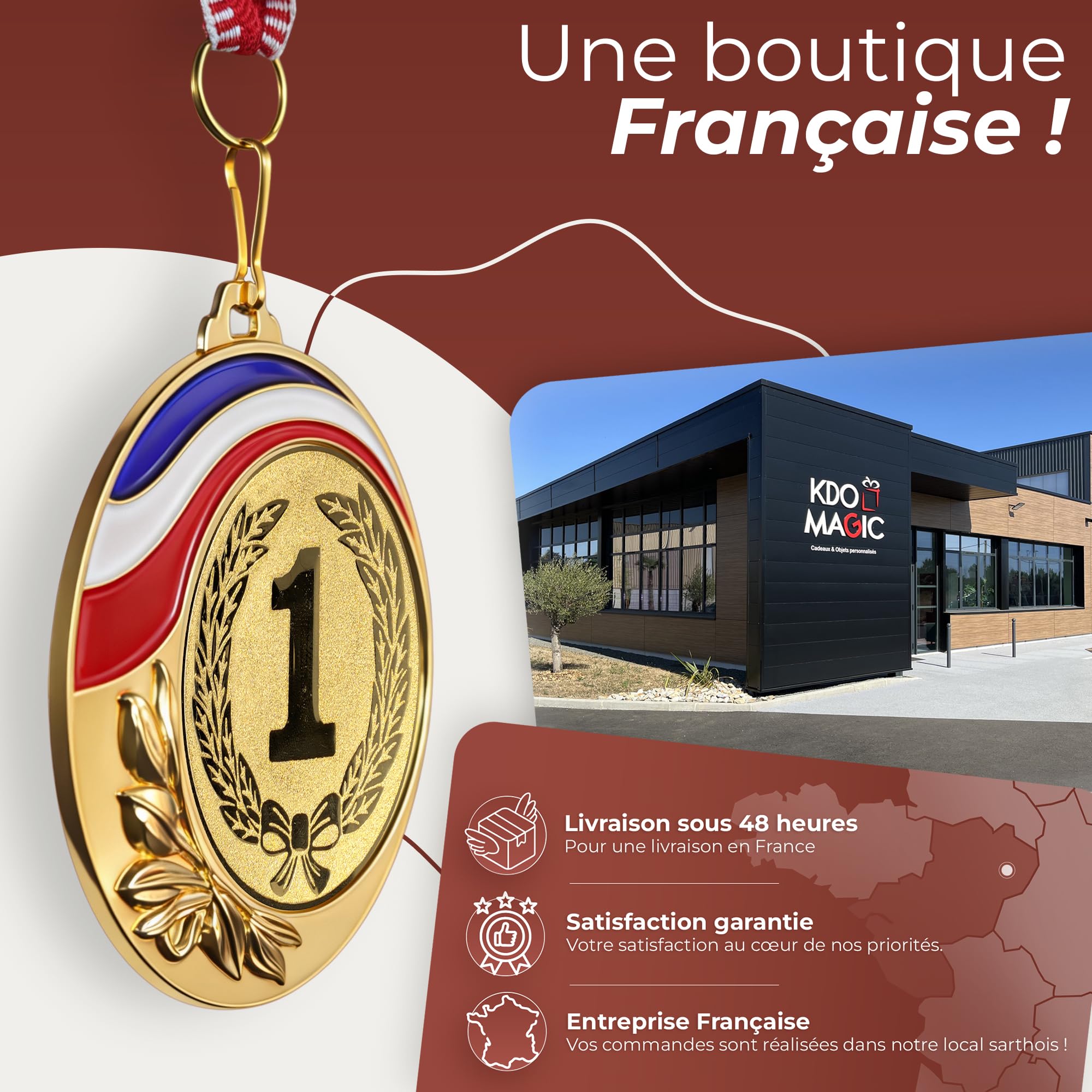 KDO MAGIC Médaille personnalisée - Médaille d'or gravée - Ruban France - 7 cm - Récompense pour Sport, Concours, évènements - Idée Cadeau - Enfant & Adulte - Foot, Basket, Tennis