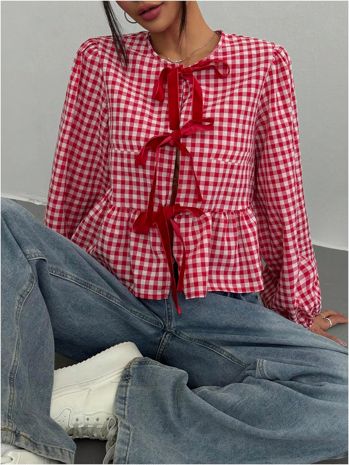 Floerns Women's Plus Size Going Out Gingham Tie Front Blouse Long Sleeve Cute Peplum Tops - Image 4