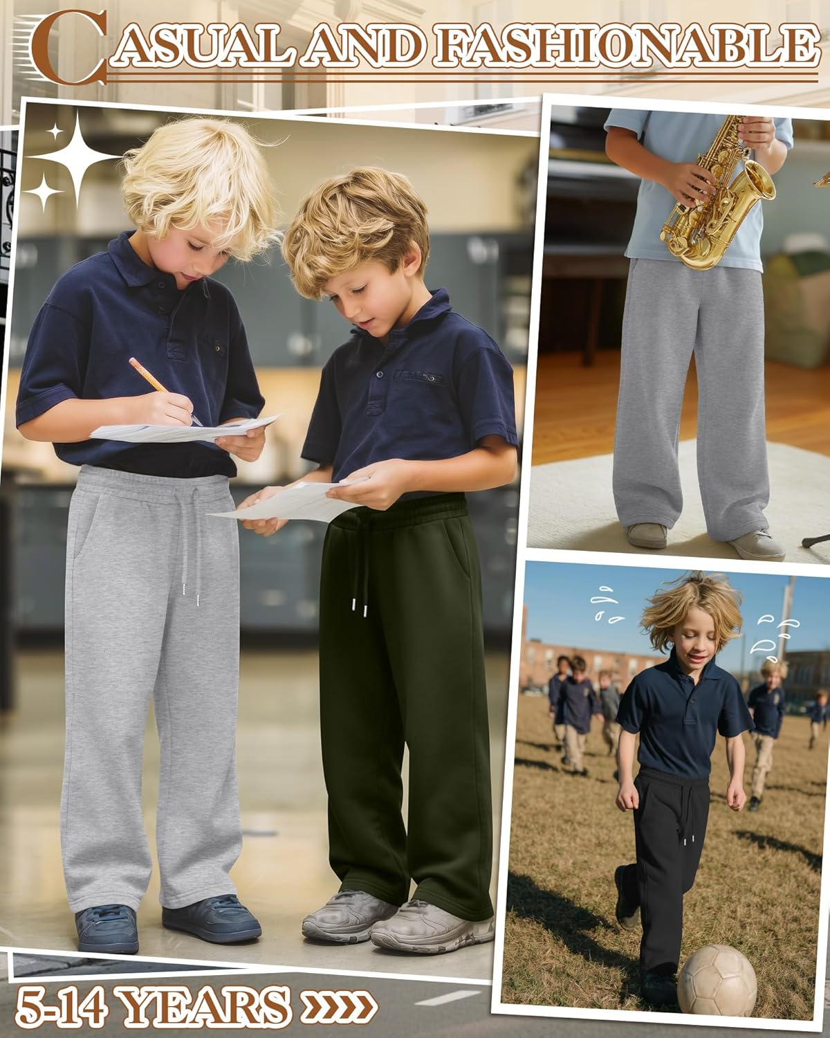 4 Pack Boys Baggy Sweatpants 5-14 Years Casual Pants Straight Leg Open Bottom Drawstring Kids Joggers with Pockets - Image 3