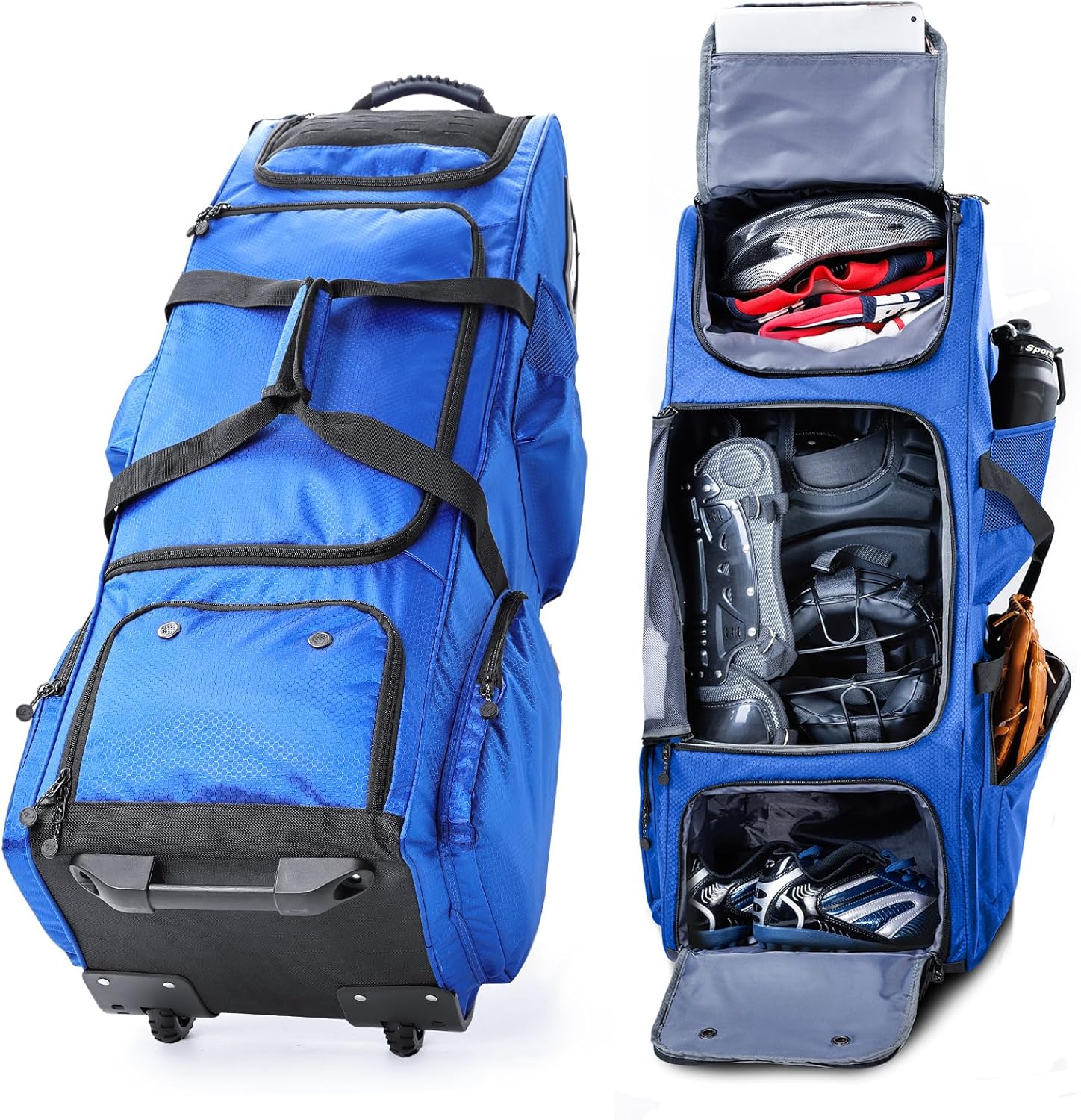 Large Rolling Baseball Catchers Gear Bag with Wheels, Softball Bag with Hard Backing for 4 Bats,Equipment Bag with Separate Shoe & Helmet Compartments, Youth Baseball Bag with 360° Spinner Wheels