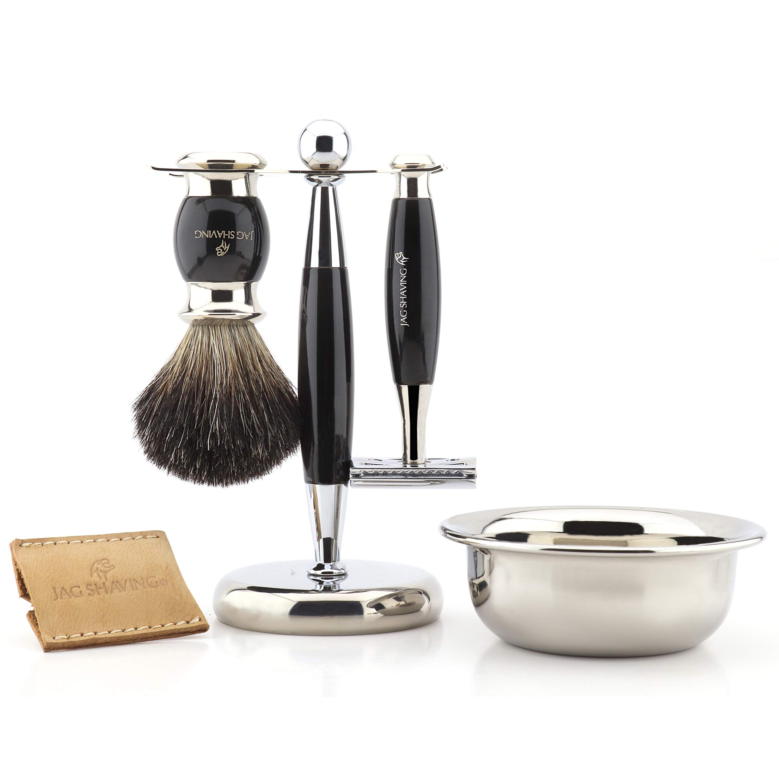 Jag Shaving Kit de afeitado para hombre con maquinilla de afeitar de doble filo, cepillo de afeitar de pelo de tejón negro puro, soporte, tazón y bolsa de cuero para afeitar, juego para hombres