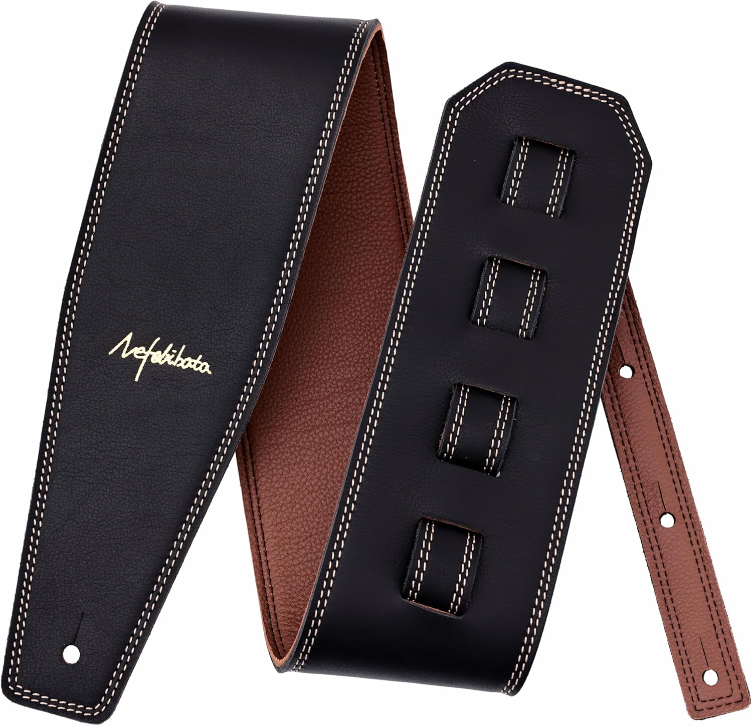 Nefelibata Guitar Strap Black, Soft Full Grain Leather, 3.8" Wide, Adjustable Length 49" to 57" with Foam Padding for Bass, Electric, and Acoustic Guitars
