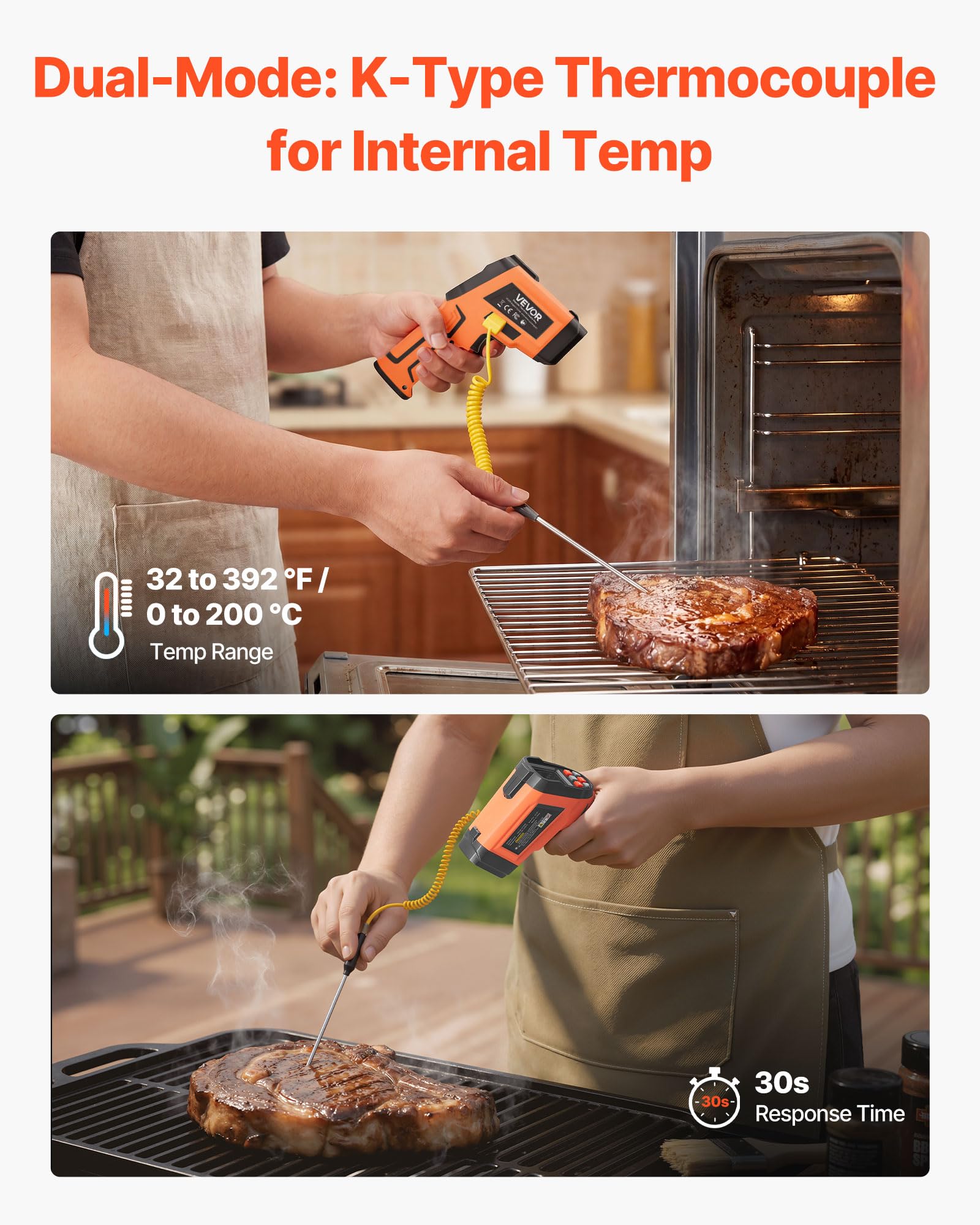 VEVOR Infrarot Thermometer -30℃ bis 1600℃, Digitales IR-Temperaturmessgerät mit LCD-Display Typ-K-Thermoelement & Dual-Laser, Berührungslose Temperaturpistole für Kochen Industrie (Nicht für Menschen)