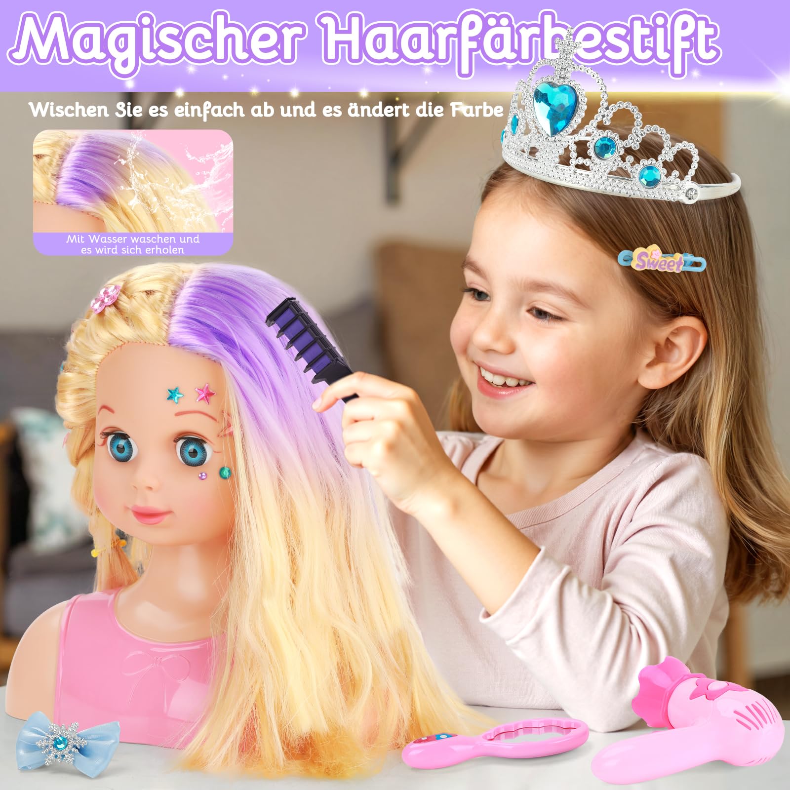 Frisierkopf Kinder Set mit Haarverlängerungen, Haarzubehör & Waschbare Kreide - Schminkkopf für Mädchen ab 3 4 5 6 Jahre, Puppenkopf Zum Frisieren Kinder, Weihnachten Geburtstag Geschenke Spielzeug