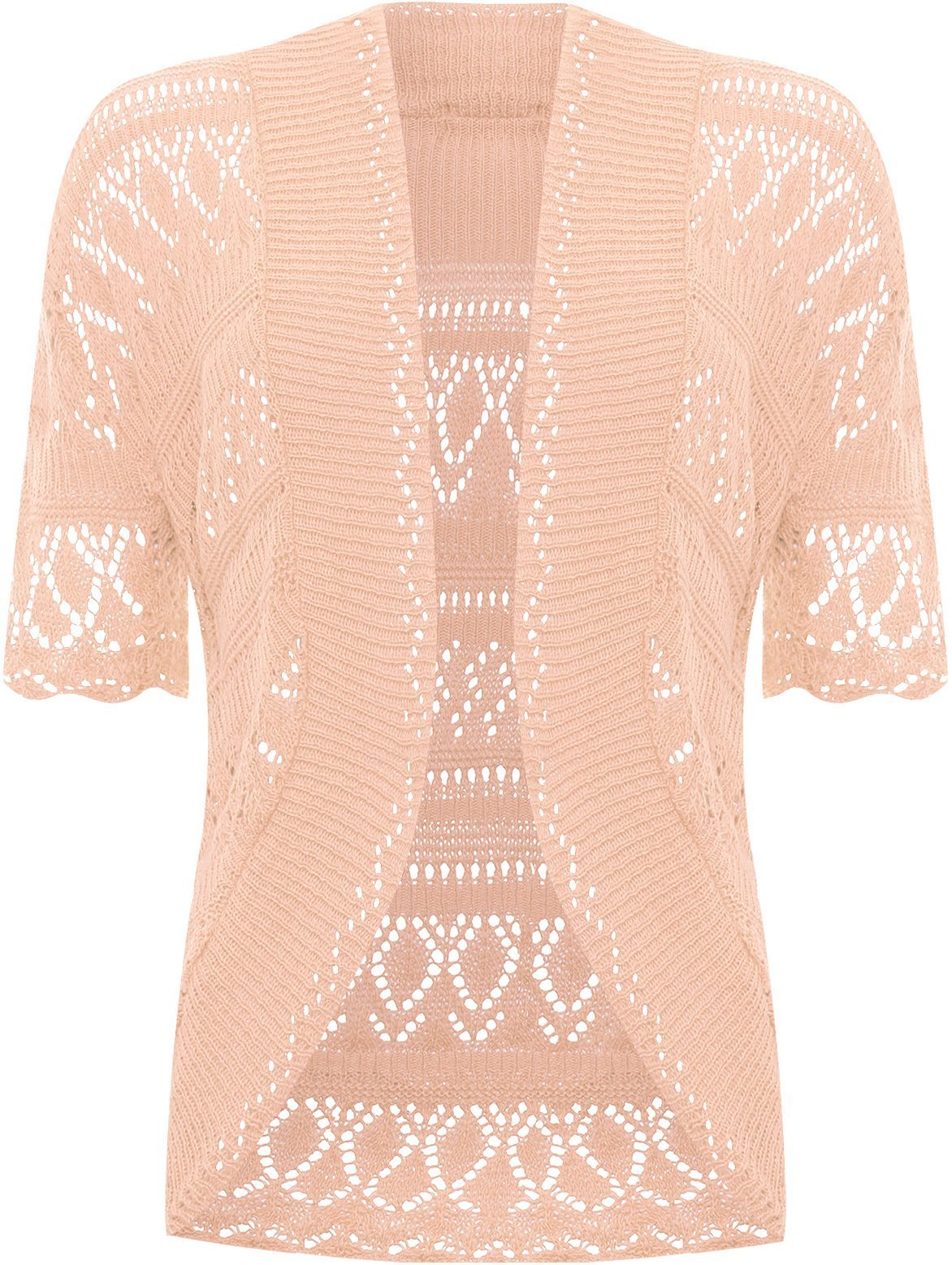 WearAll Women's Plus Knitted Crochet Short Sleeve Top Shrug Ladies Open Cardigan - Peach - 24-26