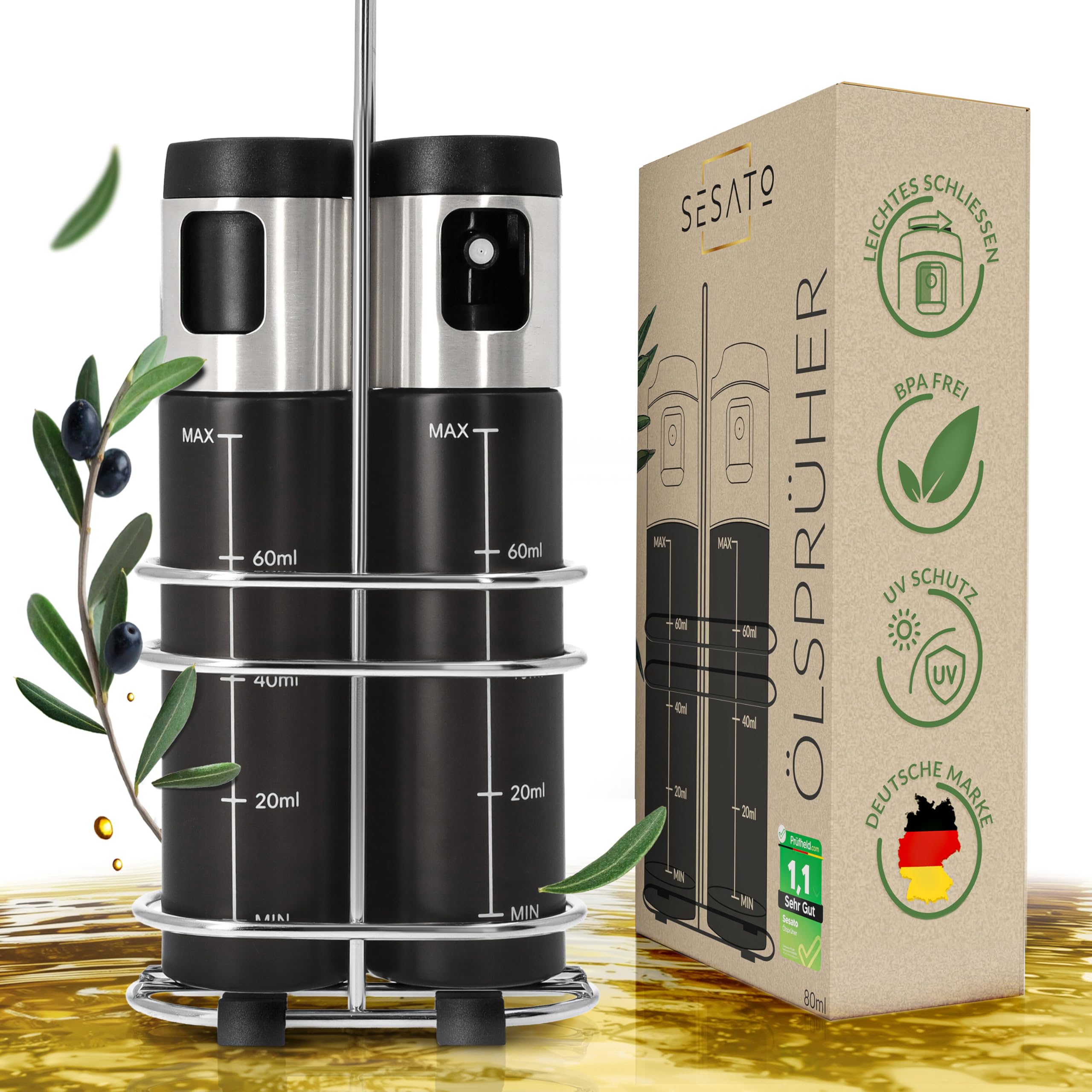 𝑷𝒓𝒆𝒎𝒊𝒖𝒎: Ölsprüher im 2er Set | hygienisch verschließbar, plus UV-Schutz, Öl Sprühflasche, Vielseitiger Oil-Sprayer - Edelstahl Sprühkopf – BPA-frei zum Kochen für die Küche