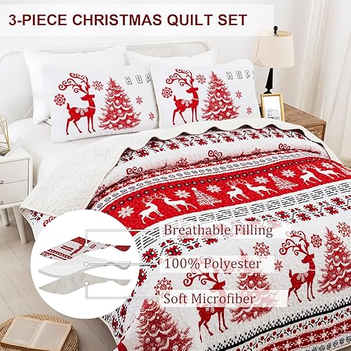 Miniatura 3 de DJY Juego de edredón de Navidad tamaño Queen, diseño de árboles de Navidad, reno, copo de nieve, juego de colcha reversible de 3 piezas con 2 fundas