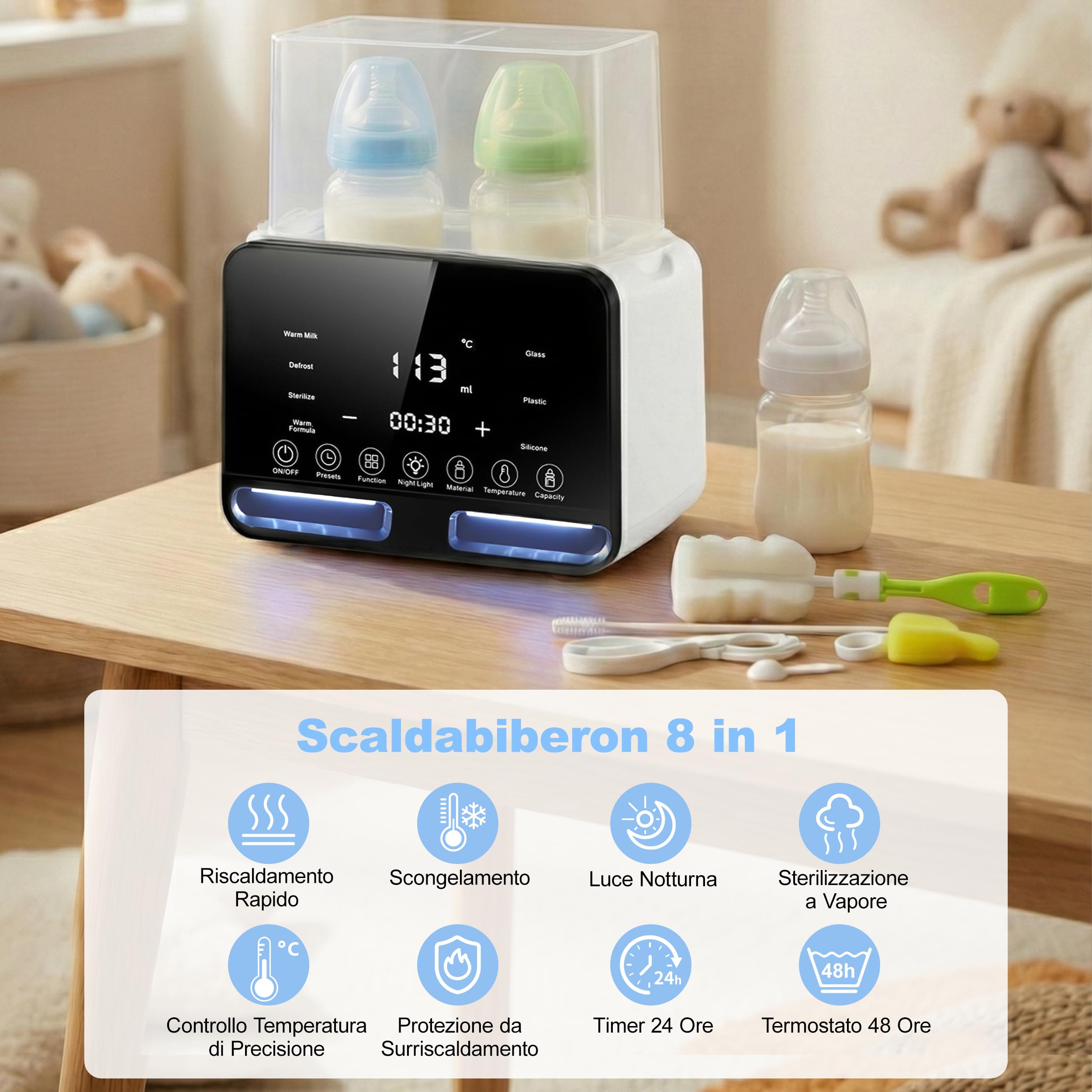 Carehabi Scaldabiberon per 2 Biberon, Bianco – Scaldabiberon 4-in-1 con Sterilizzatore e Regolazione della Temperatura, Scaldapappa per Riscaldare e Scongelare Alimenti