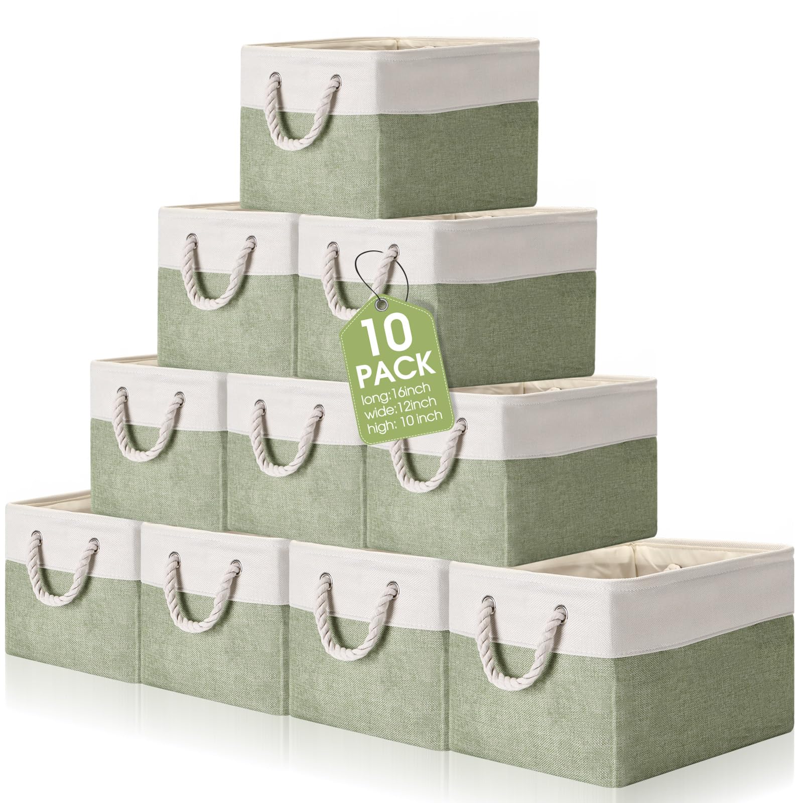 FoldTier Große faltbare Aufbewahrungskörbe aus Stoff mit Griffen, dekorative Aufbewahrungskörbe für die Organisation von Regalen, Spielzeug, Kleidung, Beige und Grün, 40,6 x 30,5 x 25,4 cm, 10 Stück
