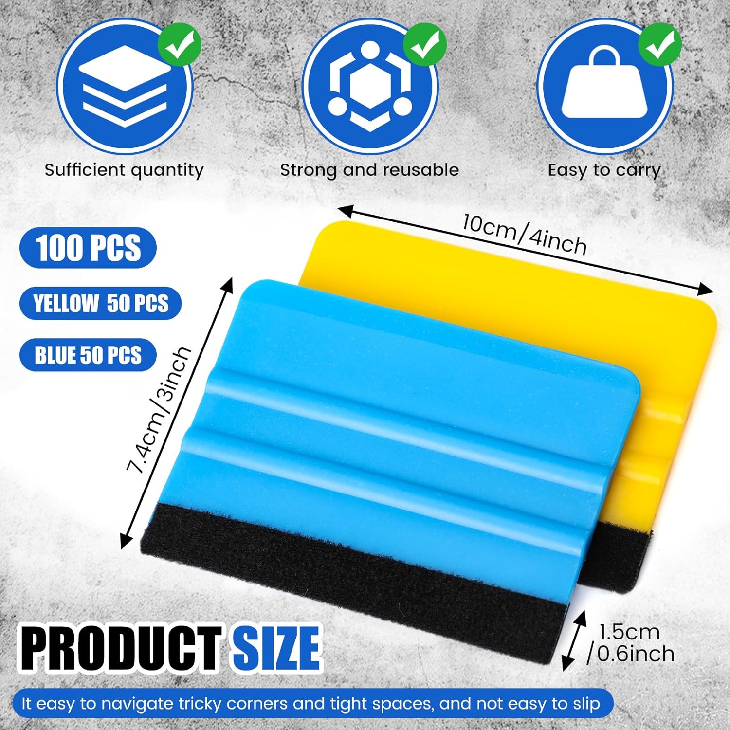 Lasnten 100 Pcs Squeegee for Vinyl Decal Tools 4 Inch Felt Edge Squeegee for Car Window Windshield Glass Cleaning Tool Vinyl Scraper Applicator Tool with Black Fabric Felt Edge, Blue Yellow