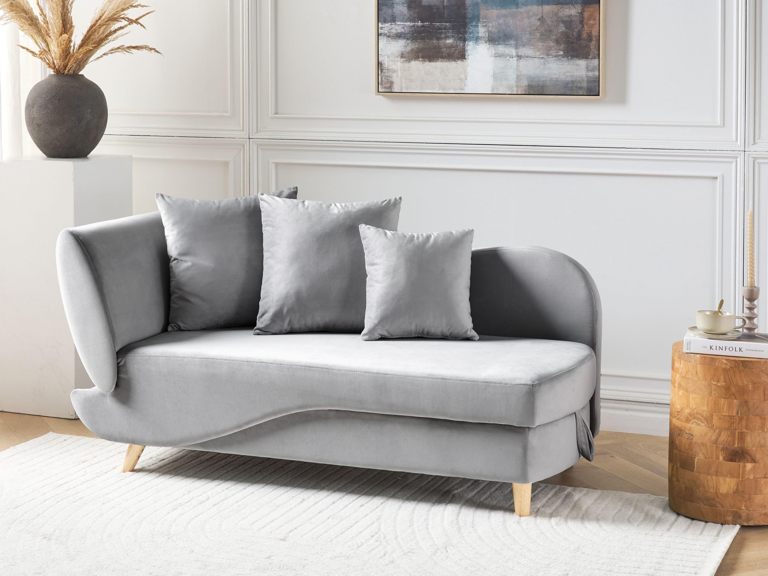 Chaiselongue Samtstoff grau linksseitig mit Stauraum Kissen modern Meri II