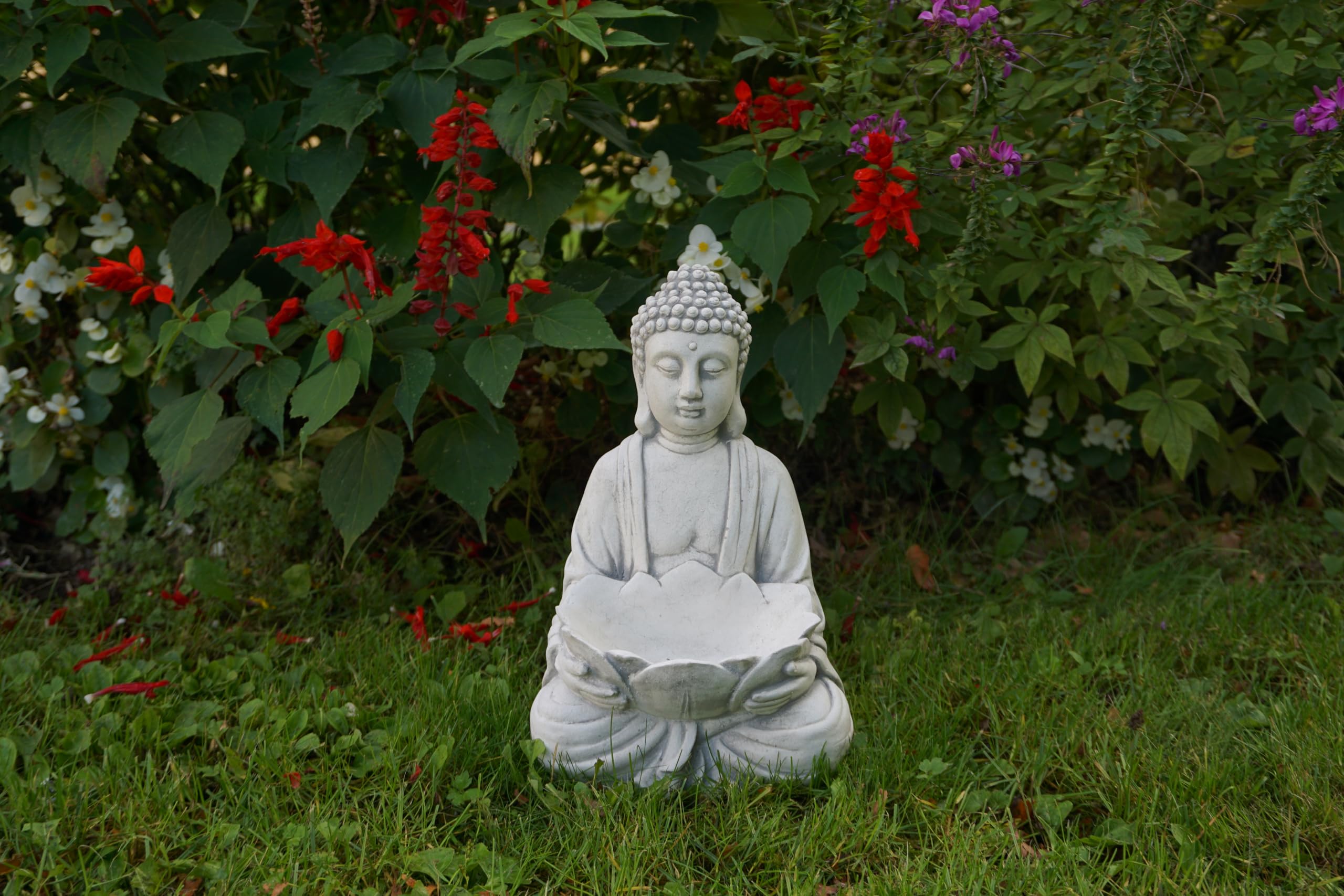 gartendekoparadies.de Statue en Pierre Massive de Bouddha avec Bol de Moine, Hauteur 30 cm, Bol : 13 x 7 x 4 cm, Gris, Poids 6 kg, Pierre coulée résistante au Gel