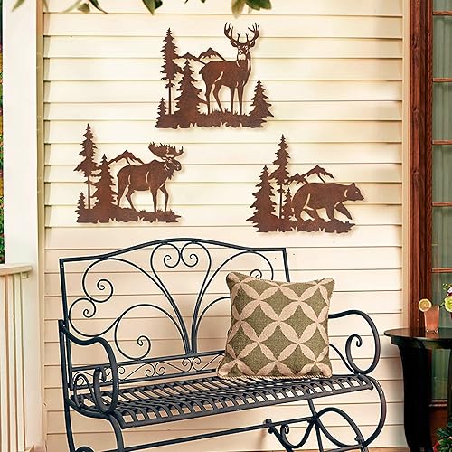 Vista 5 de Limygus Decoración de pared de metal, ciervo, oso y alce en pino del bosque, juego de 3 unidades de 9.3 pulgadas, decoración rústica simple