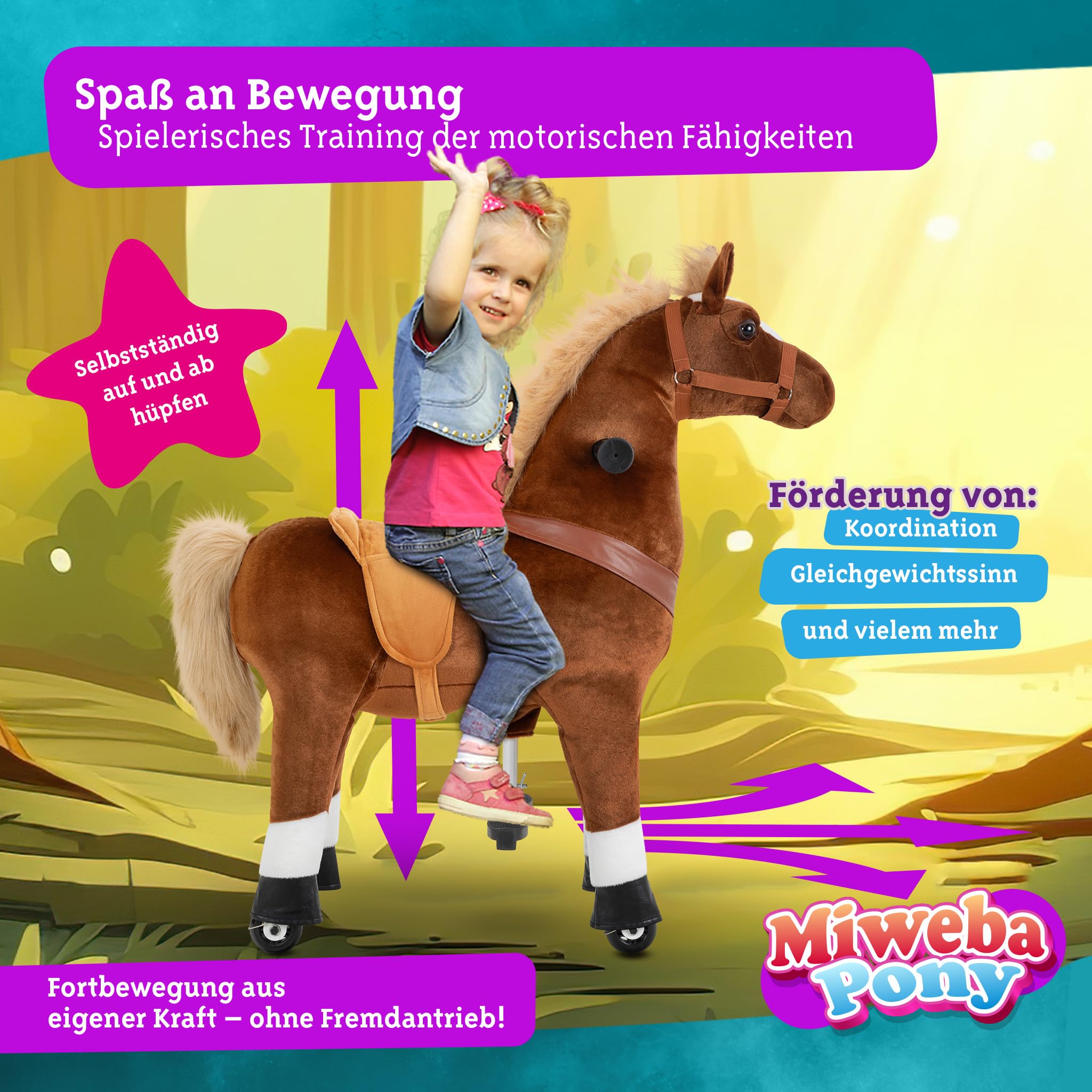 Miweba Pony Amadeus | Reitpferd auf Rollen - Pferd für Kinder - Schaukelpferd - Schaukeltier - Kuscheltier - Spielpferd zum Reiten - Plüschtier - Stofftier - Stehpferd - 4-8 Jahre (Medium)