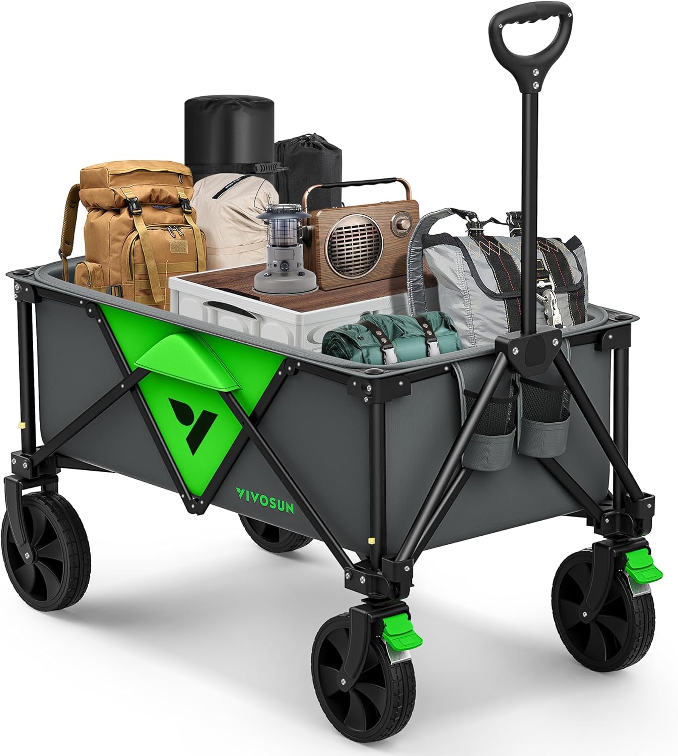 VIVOSUN Collapsible Folding Wagon, Outdoor Utility with Silent Universal Wheels, Cup Holders & Side Pockets, Adjustable Handle, for Camping, Garden, Sports, Picnic, Shopping, 220LBS, Grey & Green