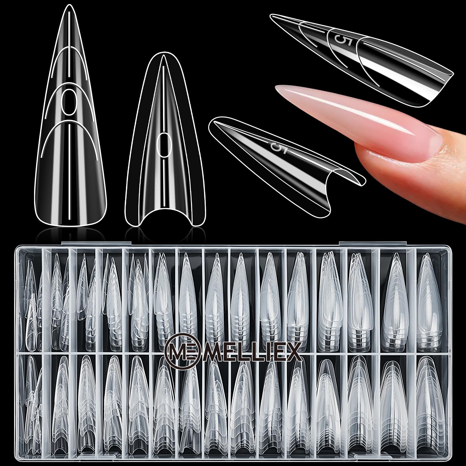MELLIEX 240 Pezzi Dual Form Sandwich, 15 Misure Gel Nail Form Riutilizzabile Nails Extension Forms Extra Lungo per Manicure Salone DIY (Stiletto)