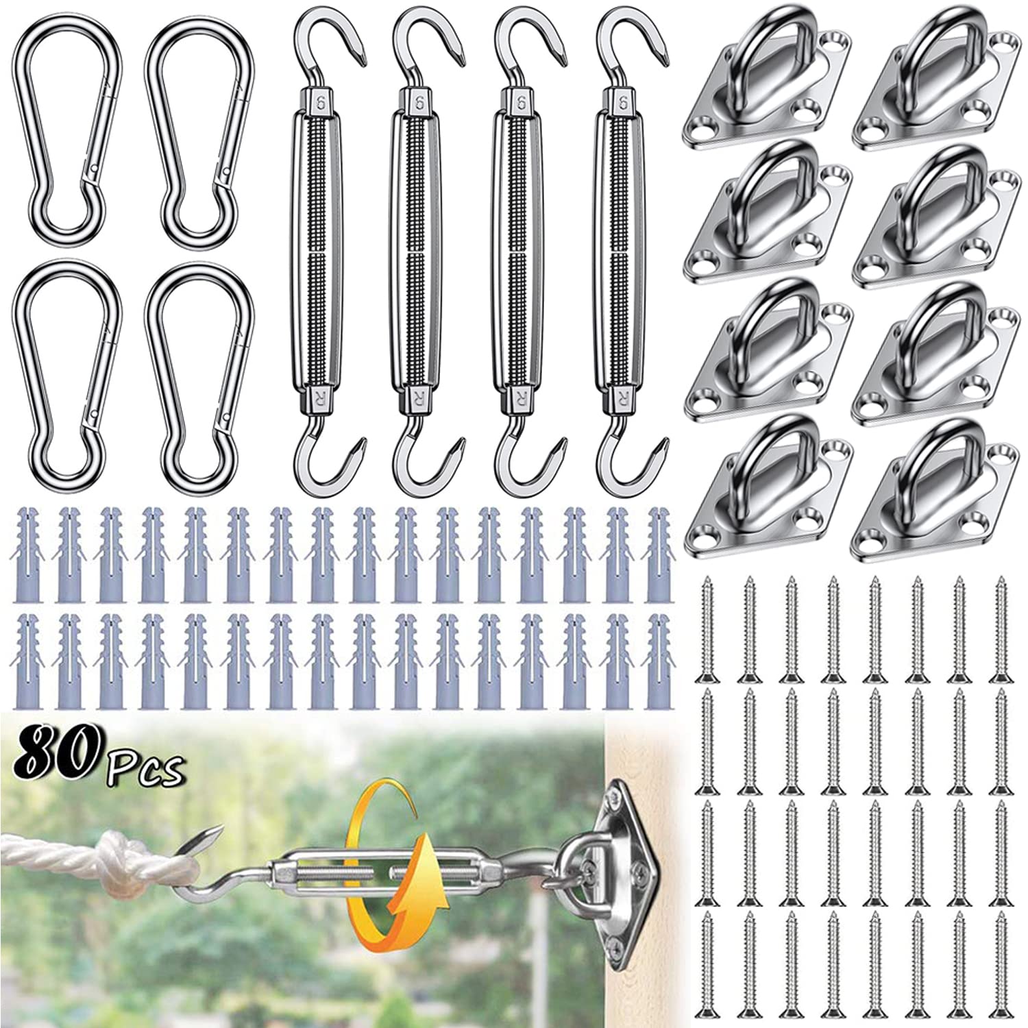 COOLYARD 6 Inch Sun Shade Sail Hardware Installation Kit for Rectangle Triangle Square Shade Sails,M6 Stainless Steel Turnbuckle Snap Hook Diamond Pad Eye Plate Screws with Anchors, 80 Pcs