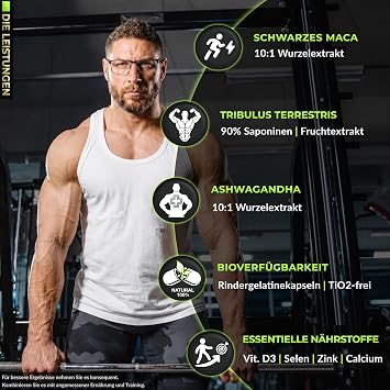 Tribulus Terrestris 90%+ Saponine Ashwagandha Schwarze Maca - Extrakte 1800 mg Tribulus 450 mg Ashwagandha 300 mg Schwarze Maca 20:1 Zink Selen Calcium Vit.D 160 Kaps von Synergie Nutrition