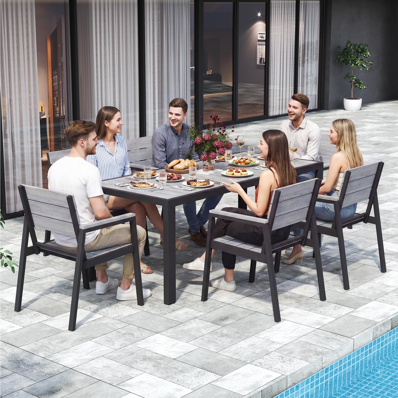 JUMMICO Set Giardino in Alluminio Effetto Legno : Tavolo + 4/6/8 Sedie. Robusto, Resistente alle Intemperie, Facile da Pulire. Perfetto per Terrazza, Giardino o Piscina