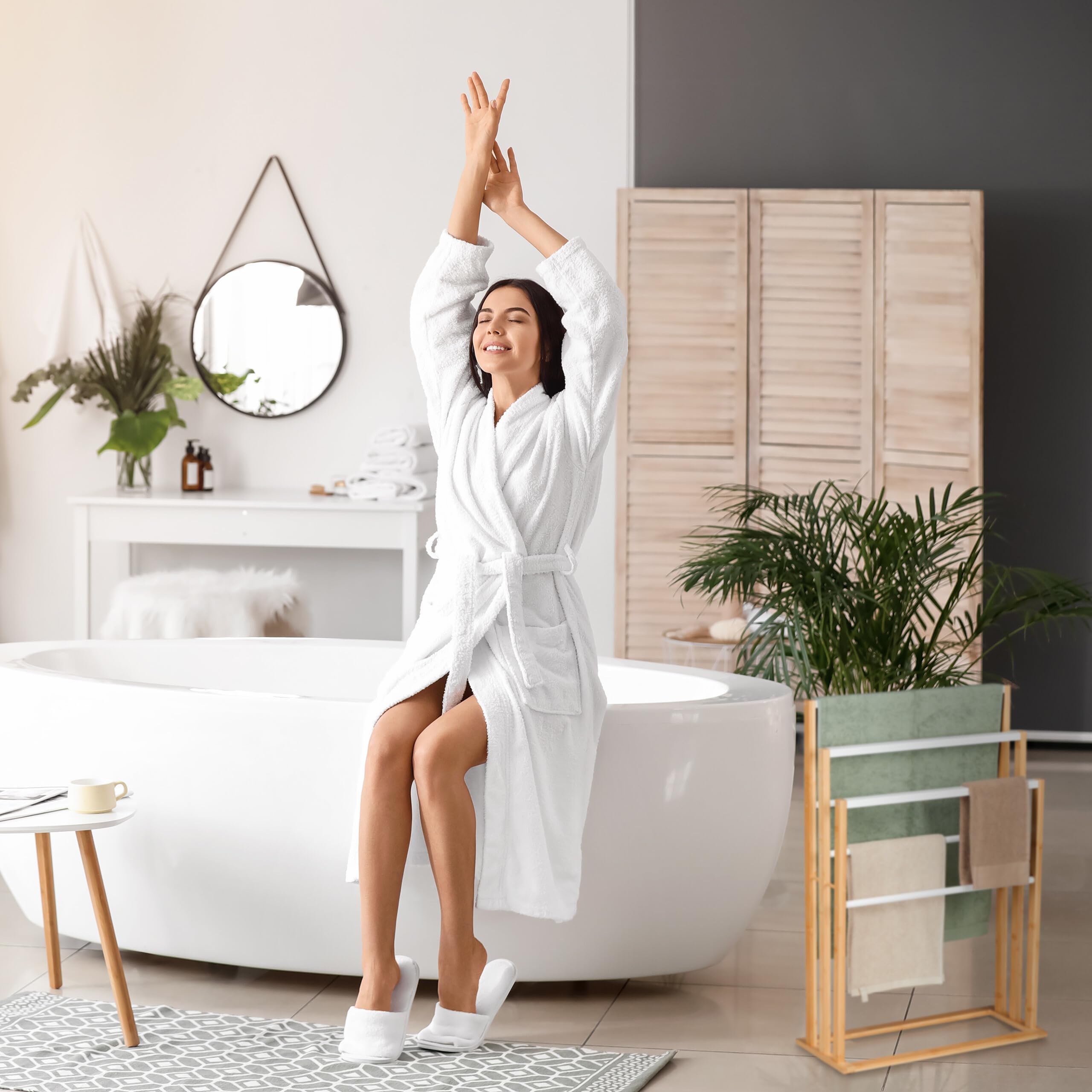 Relaxdays Porte-Serviettes à 6 Barres, en Bambou, Non Fixe, H x L x P : 82 x 55 x 24 cm, Salle de Bain, Nature et Blanc