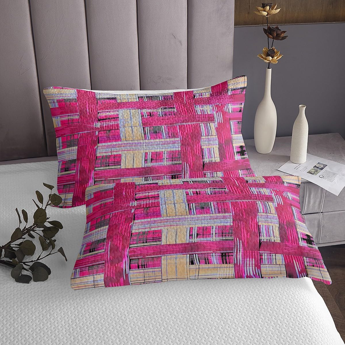 Erosebridal Abstract Geometric Bedspread Set King,Modern Hot Pink and Yellow Striped Bedding Set for Kids Boys Girls,Rustic Farmhouse Bed Set,Vintage Plaid Coverlet Set Cabin Lodge Decor