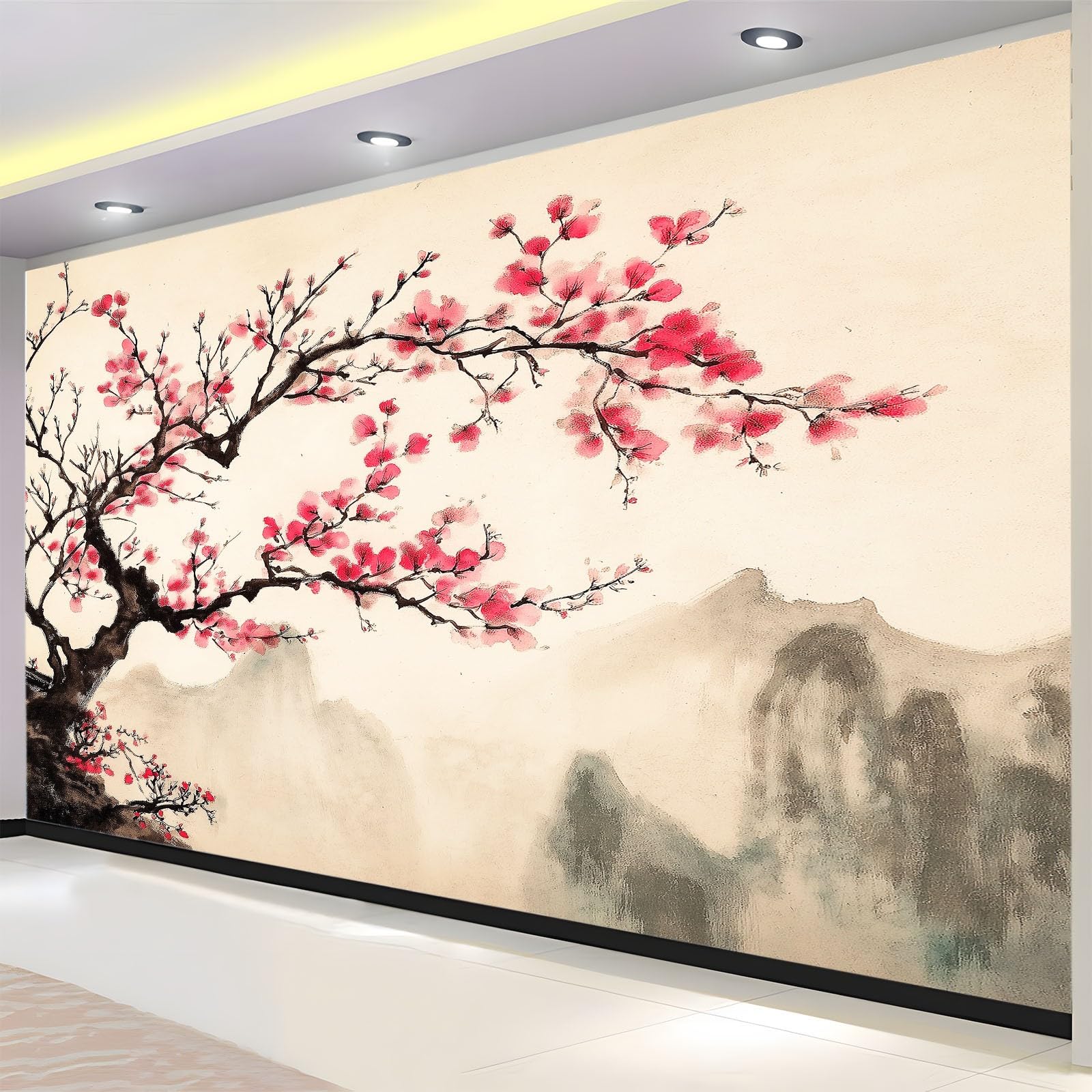 Fotomurales 3D Árbol de flores rosas pintado en tinta 350x256 cm Papel Pintado Fotográfico, Decoración De la Pared Murales para Salón, Dormitorio, Habitación para Niños, Pared de TV