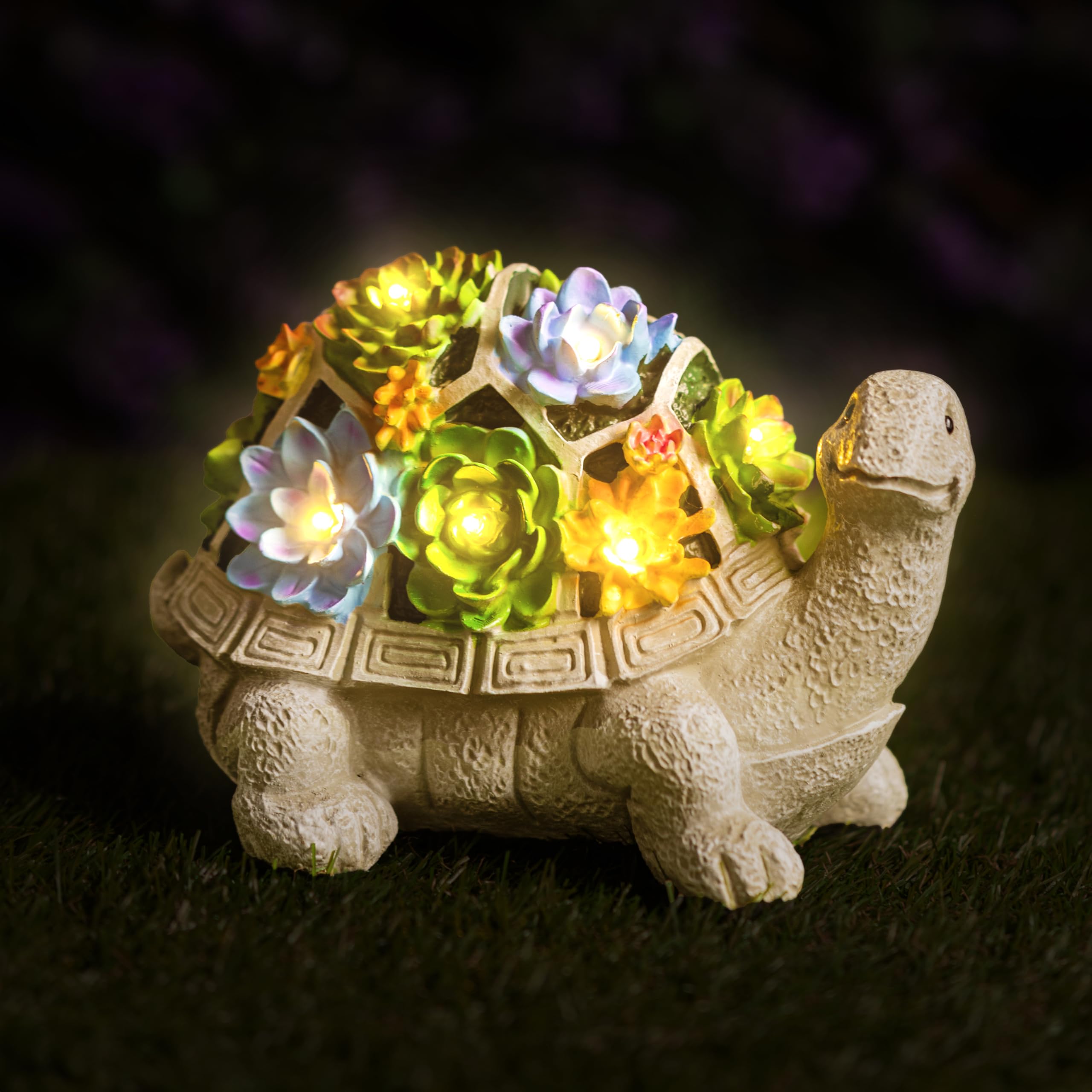 Garden Mile Women's Marshal Earp Solar-Powered Turtle Garden Ornaments With Led Lights & Succulent Accents - Outdoor Decor For Patio, Balcony, Yard - Birthday Gifts For Mum, Unique Tortoise Statue