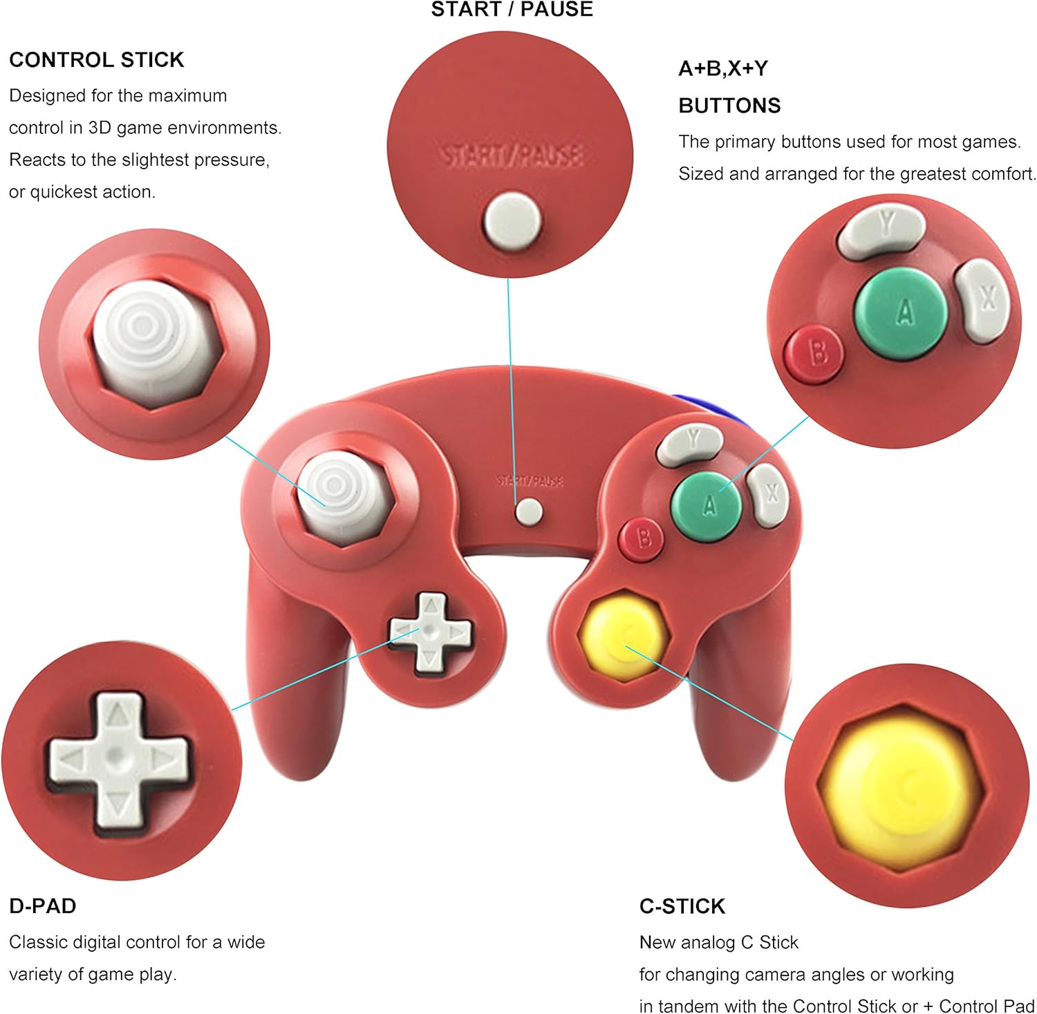 2 Packs Classic Wired Gamepad Controllers for Wii Game Cube Gamecube Console (Black and Red)