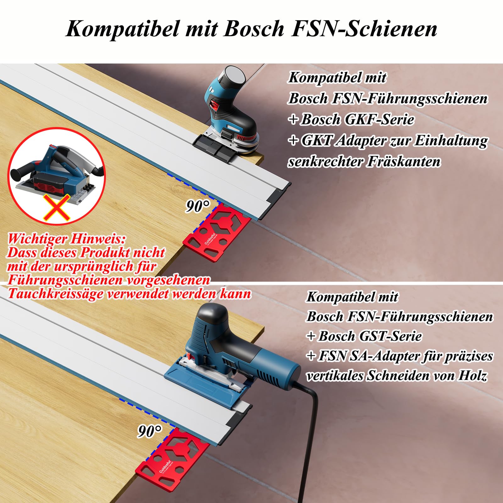 Tope de ángulo de guía para Bosch FSN – CNC mecanizado 90° tope de ángulo de aluminio para Bosch GST y GKF (con adaptador) – Duradero, fácil montaje para cortes exactos (rojo)