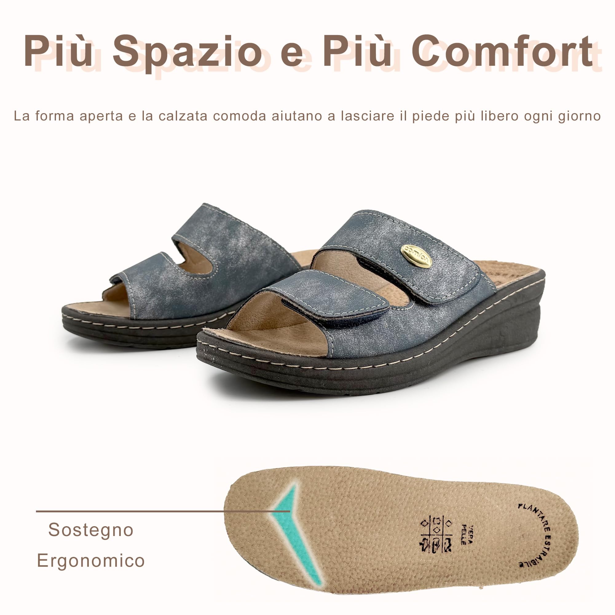 JOMIX Ciabatte Donna Ortopediche con Strappo Pantofole Estive Anatomiche Ergonomiche Plantare Estraibile in Vera Pelle Sandali Comidi Regolabili con Zeppa per Anziana e Piedi Sensibili