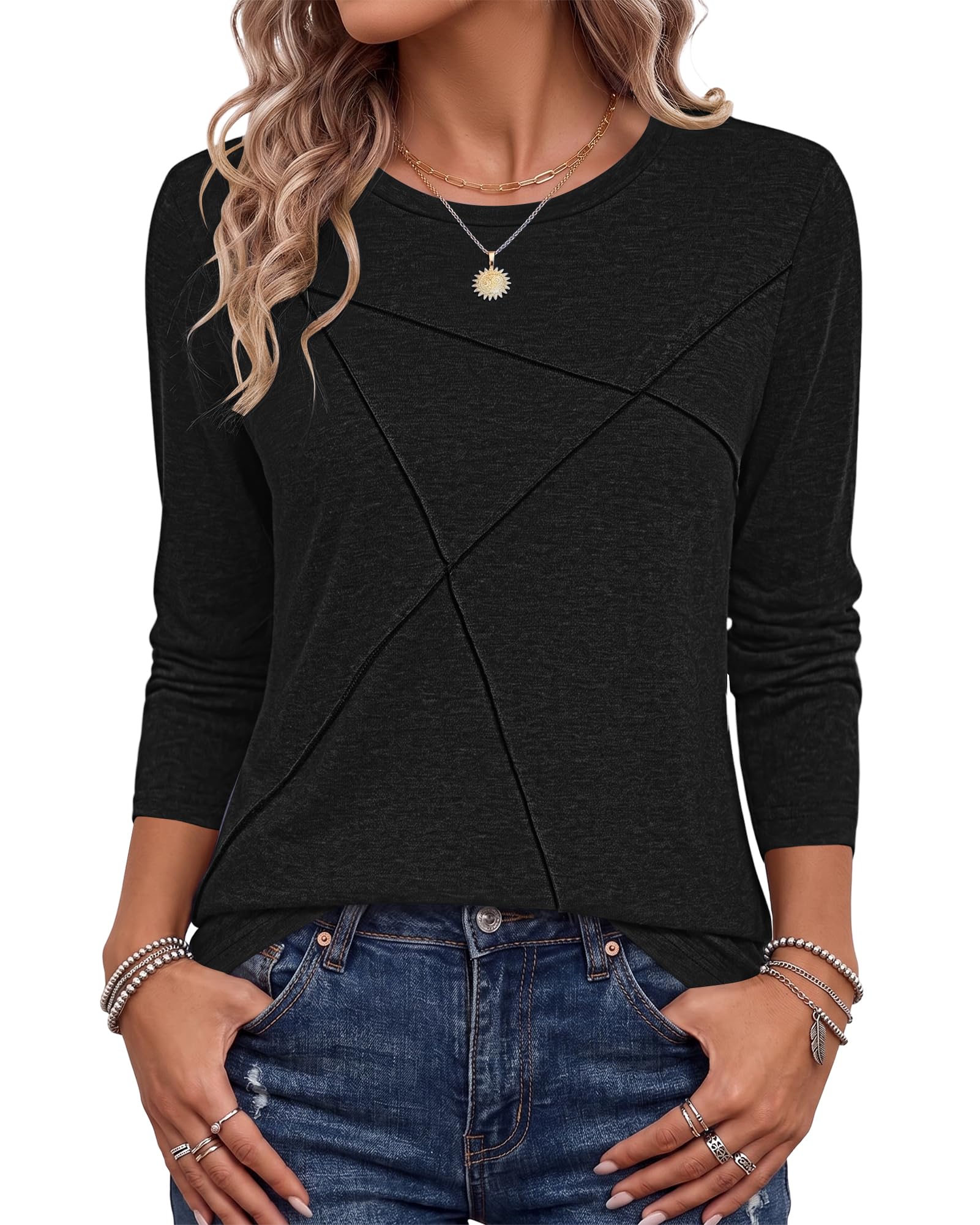 PLOKNRD Damen Langarm T-Shirt Rundhals Falten Leicht Dünne Blusen Herbst | Langarmshirt Elegant Falten Design Oberteile Winter Dünn Sweatshirt Pullover Tops Freizeit Sport Boho Klassisch Urlaub Party