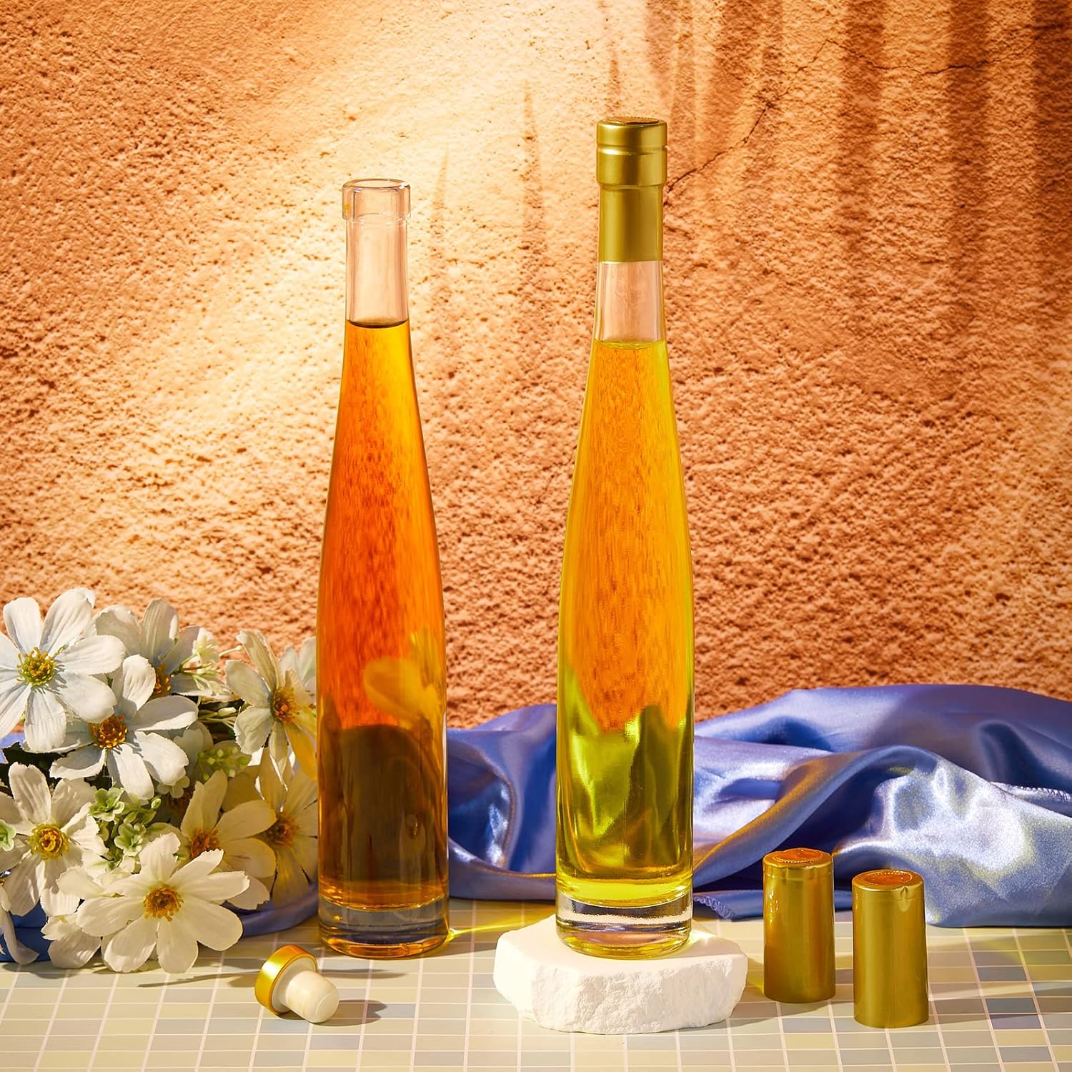 Nuanchu 12 Pieces 12 Oz/ 375 ml Glass Liquor Bottles with Airtight Lid Clear Limoncello Shrink Film Leak Proof Empty Bottles for Limoncello Champagne Hot Sauce Oil Beverages Kombucha Kefir Vinegar